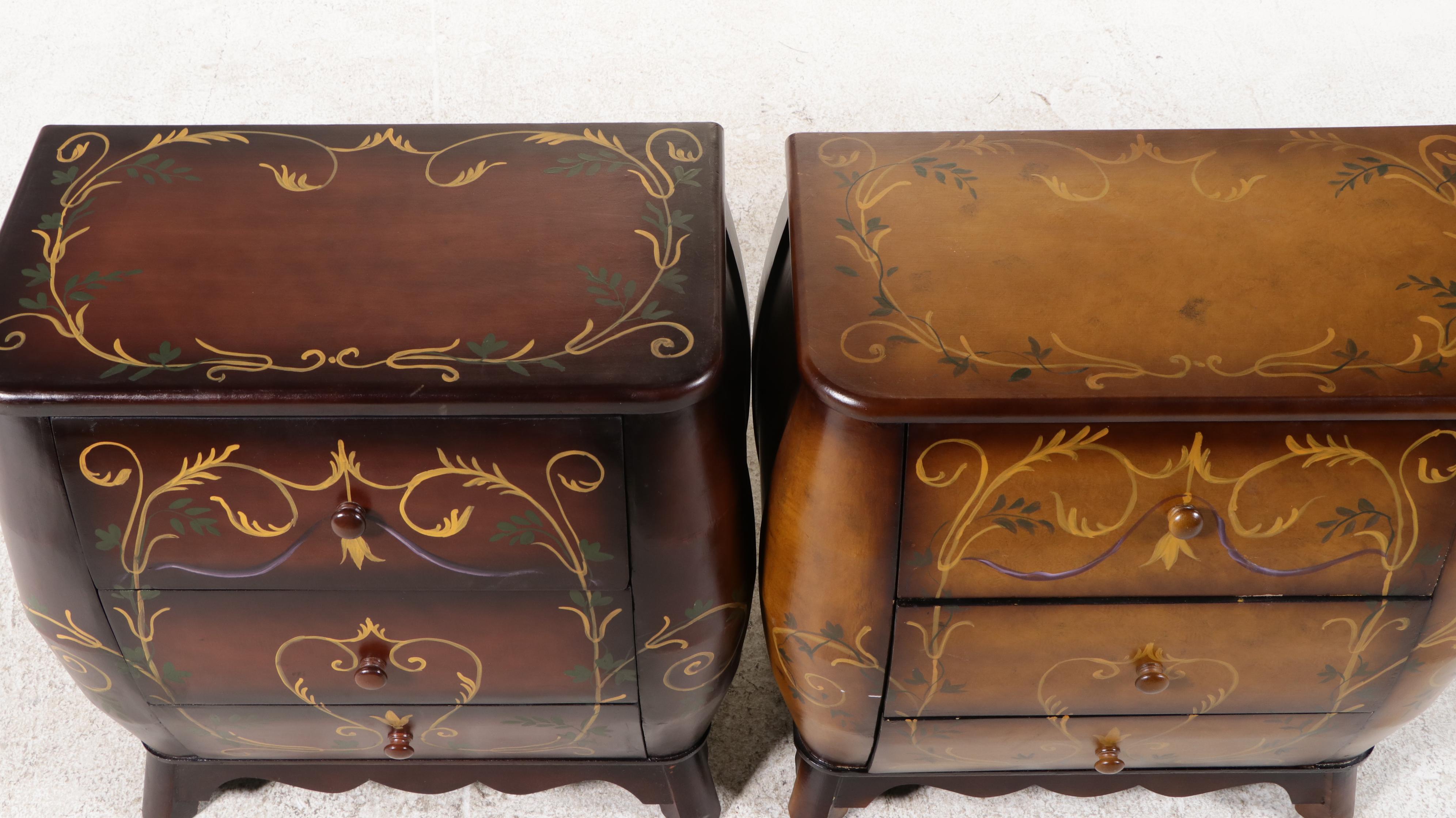 Pair of French Baroque Style Painted Wood Bombe Chests
