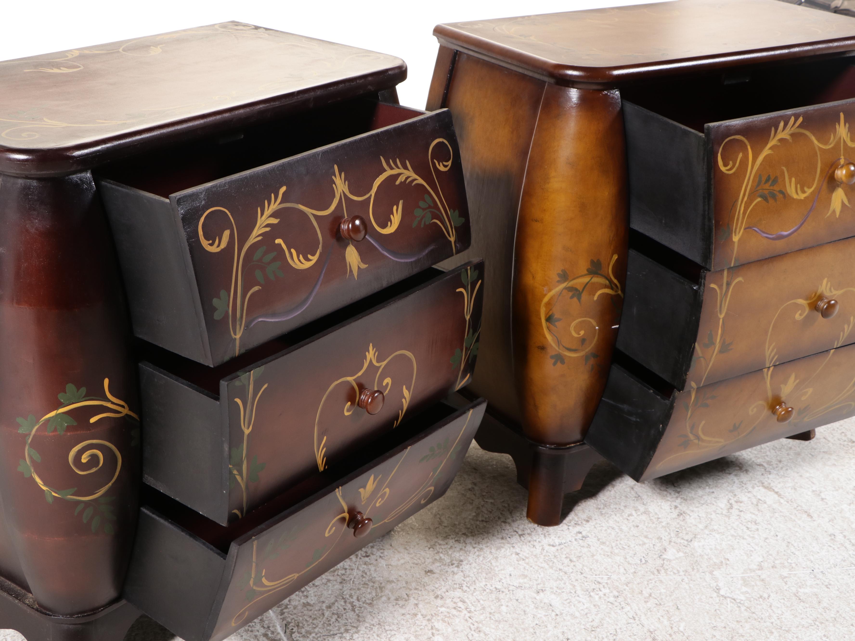 Pair of French Baroque Style Painted Wood Bombe Chests