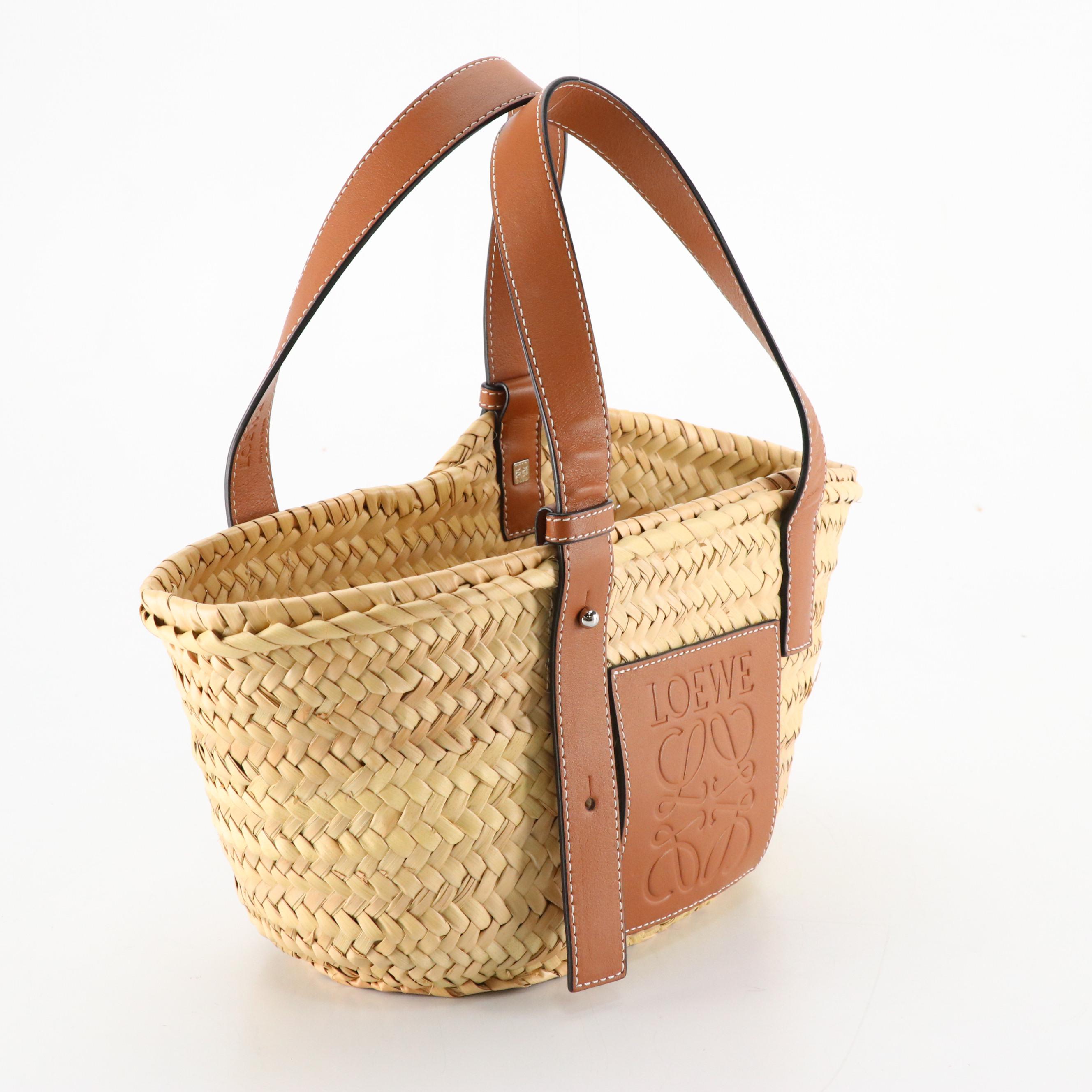 Loewe Anagram Basket Bag in Woven Palm Leaf and Brown Leather Trim