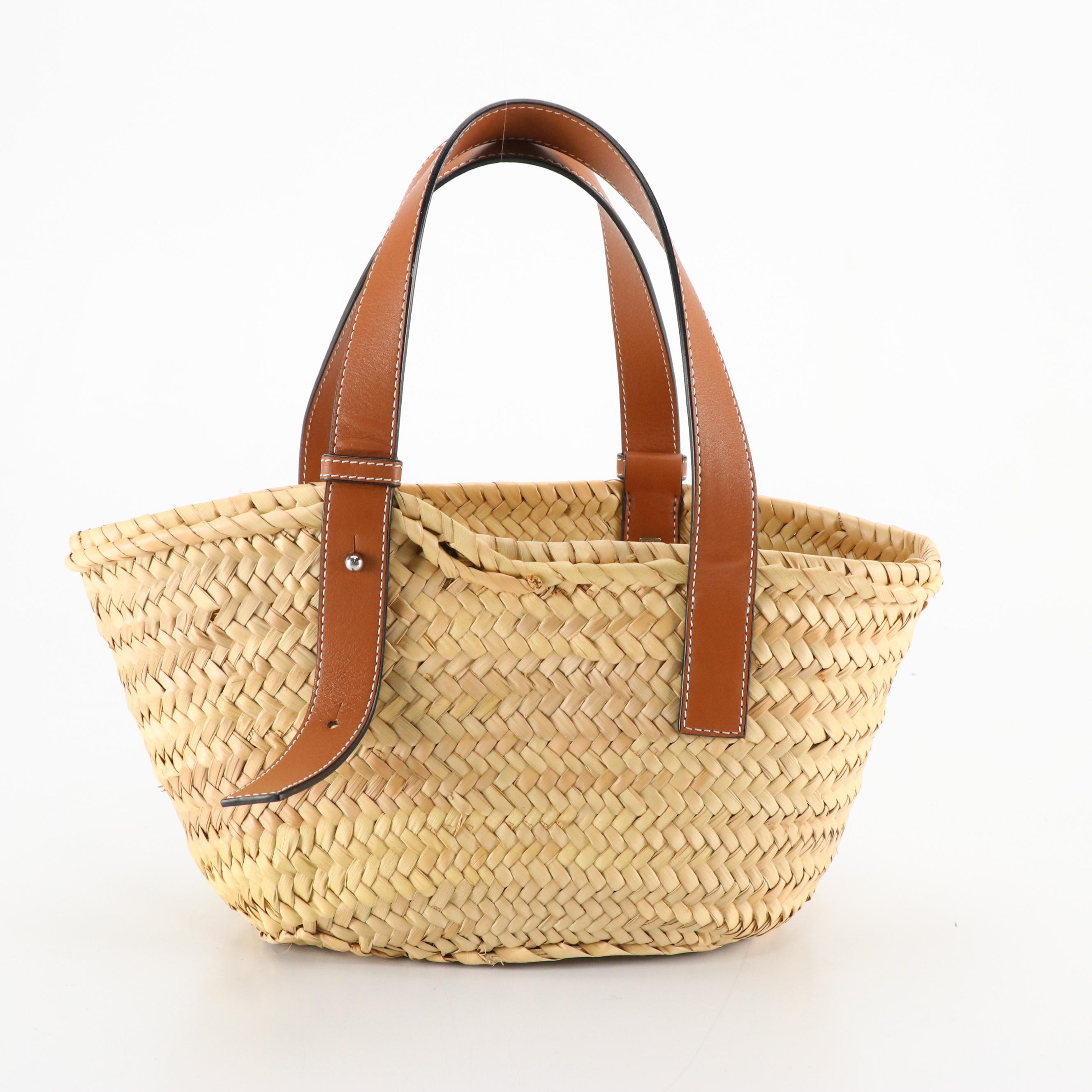 Loewe Anagram Basket Bag in Woven Palm Leaf and Brown Leather Trim