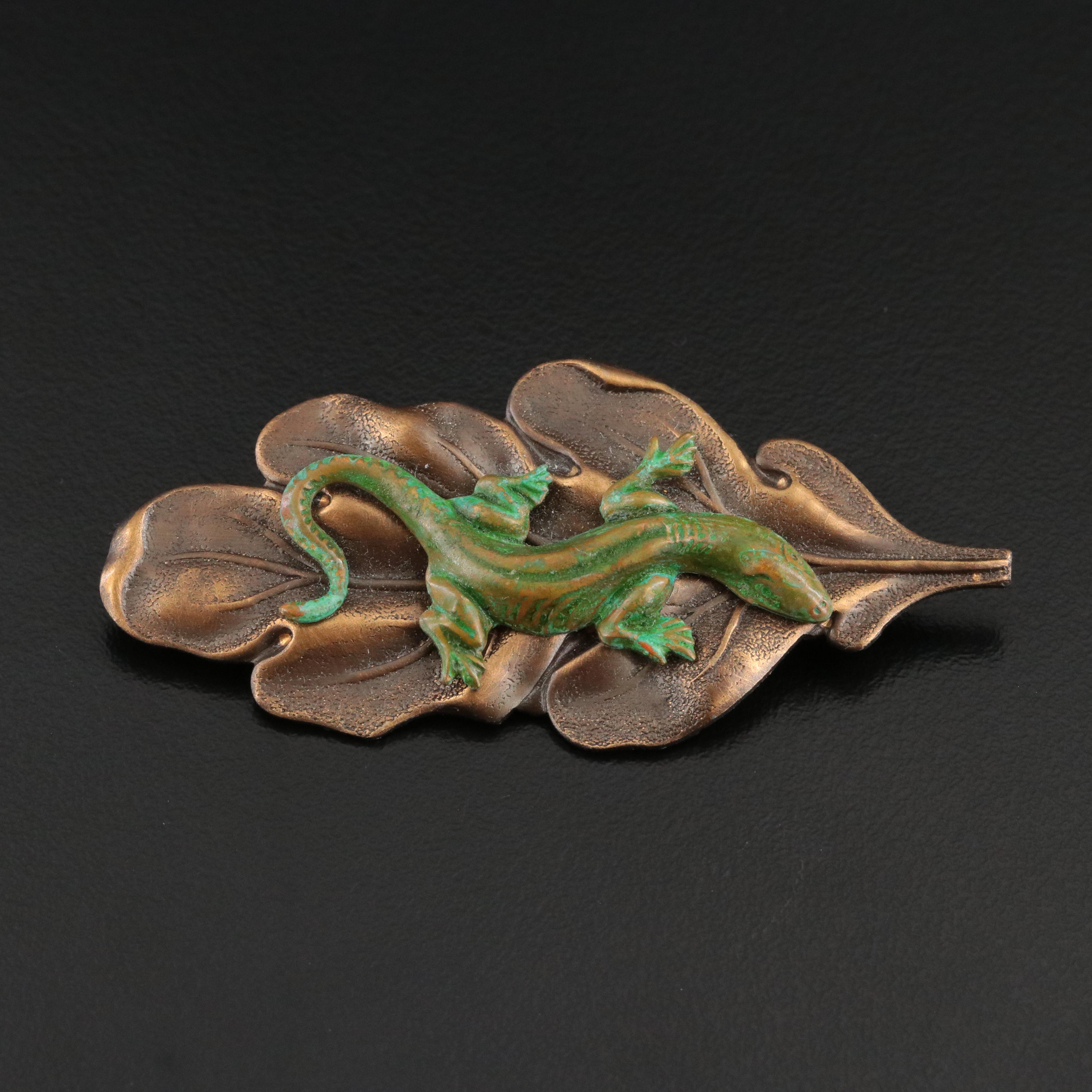 Vintage Lizard and Leaf Brooch, 1940s