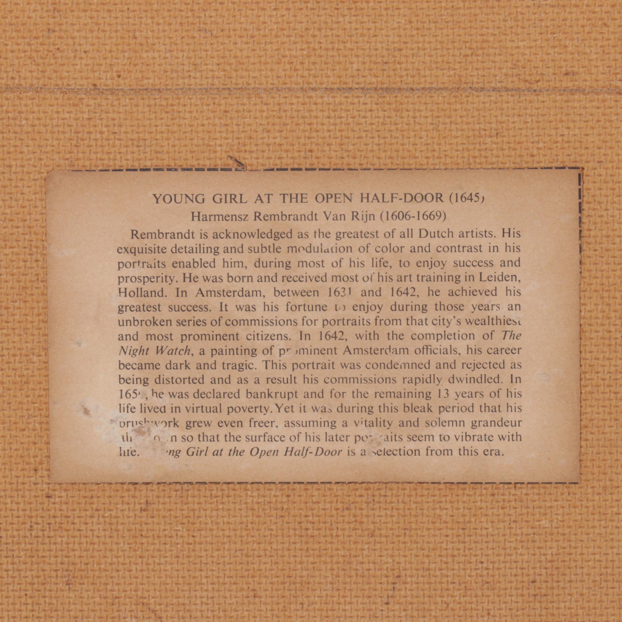 Offset Lithograph After Rembrandt "Young Girl at an Open Half-Door"