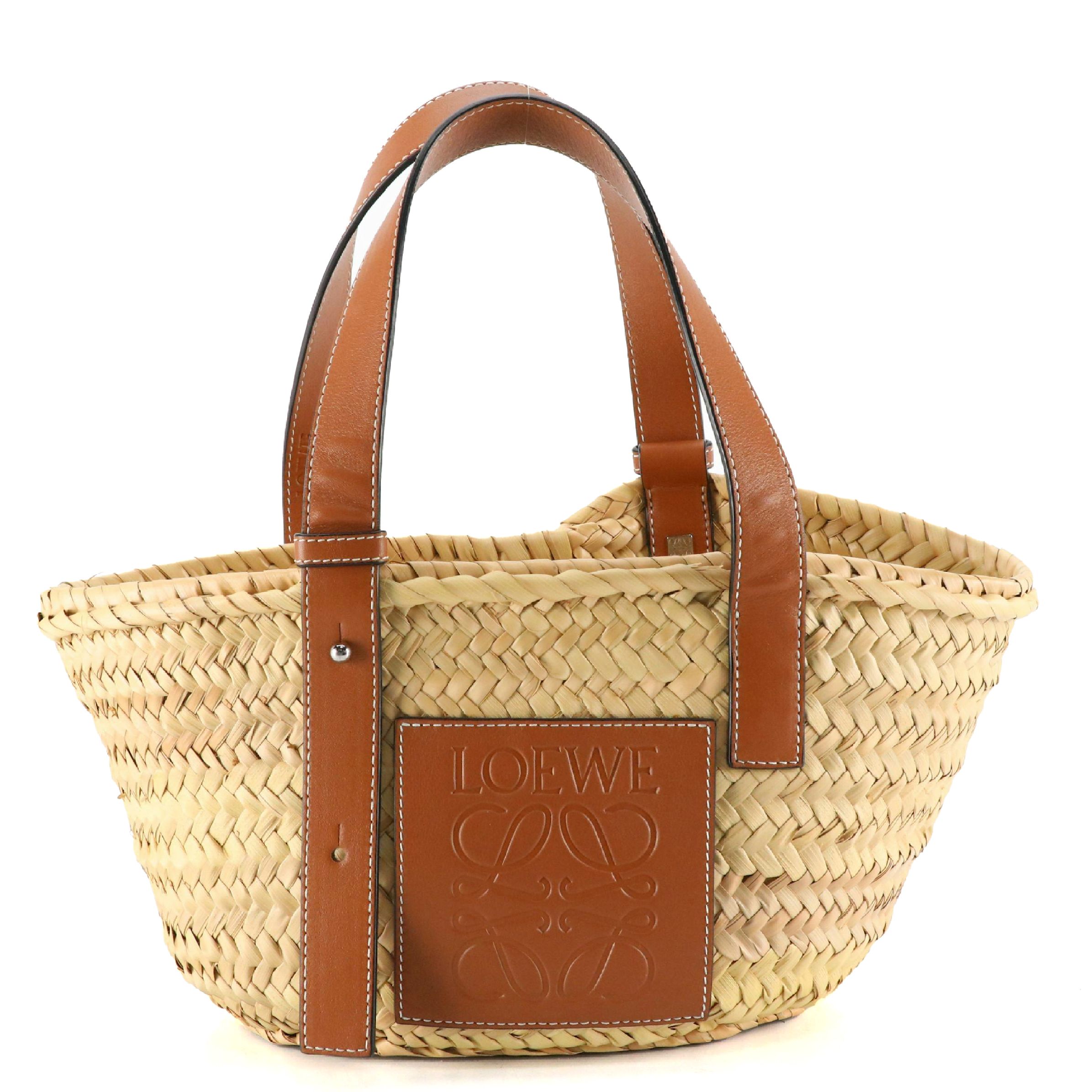 Loewe Anagram Basket Bag in Woven Palm Leaf and Brown Leather Trim