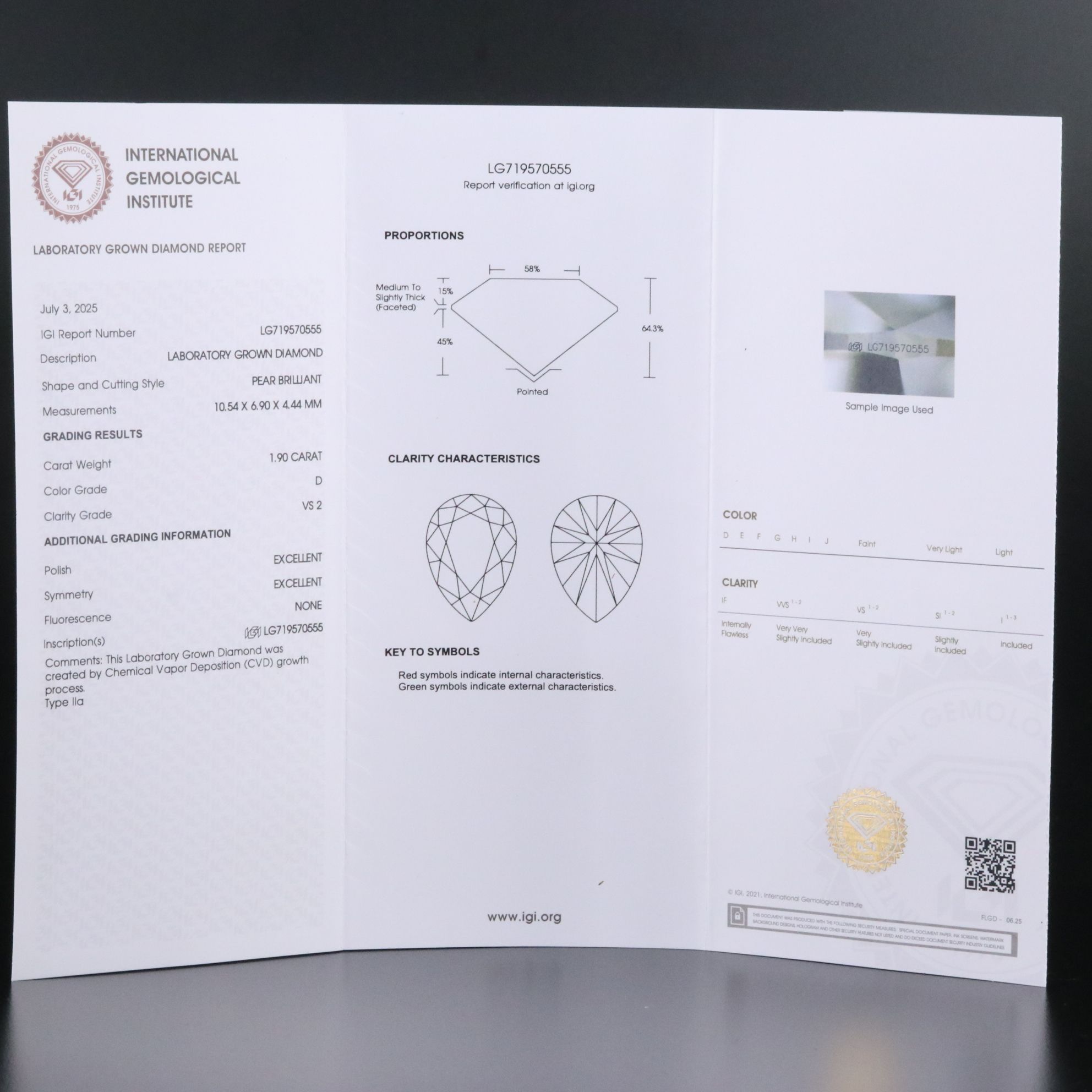 Loose 1.90 CT Lab Grown Diamond with IGI Report