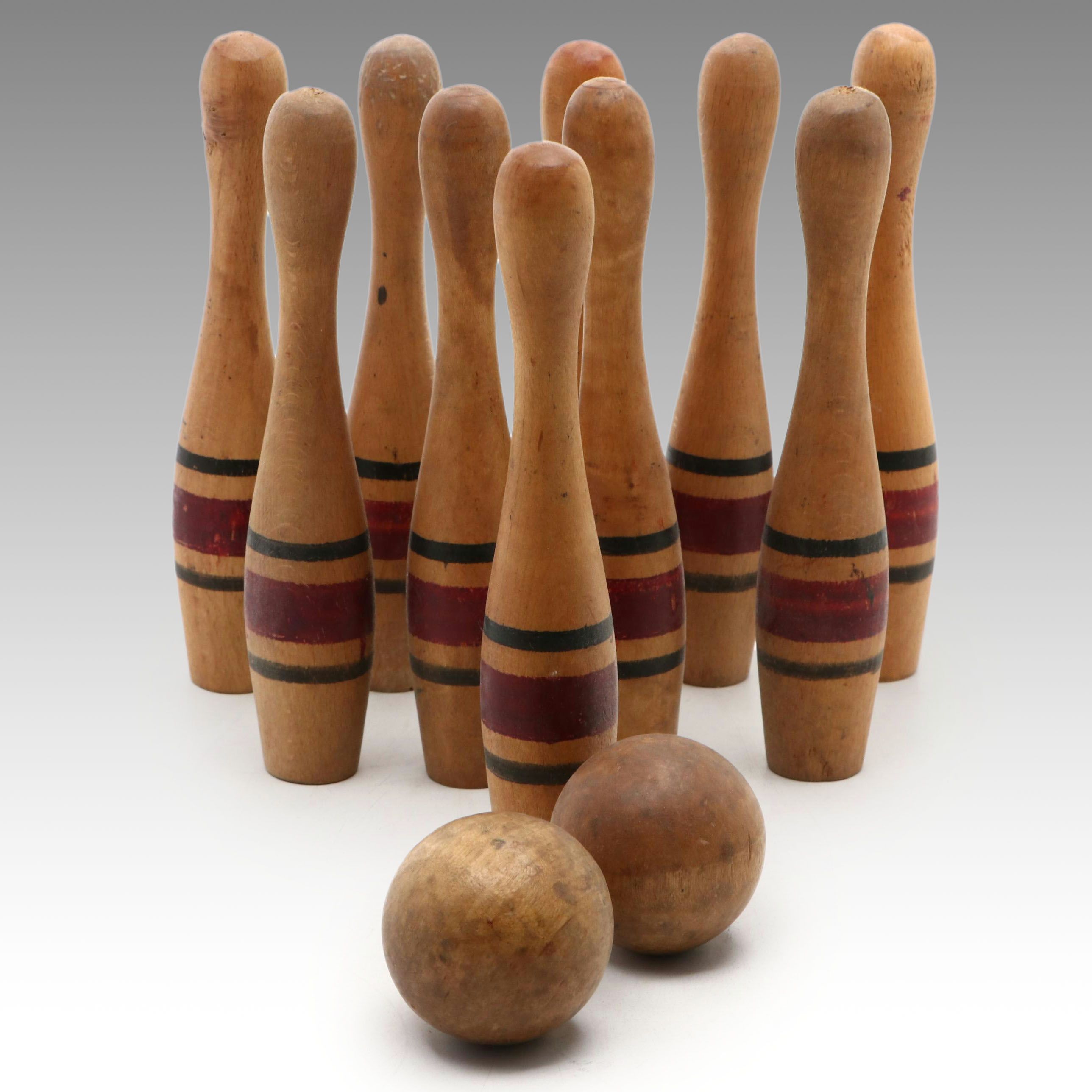Miniature Handcrafted Wooden Bowling Pins and Balls, Mid-20th Century