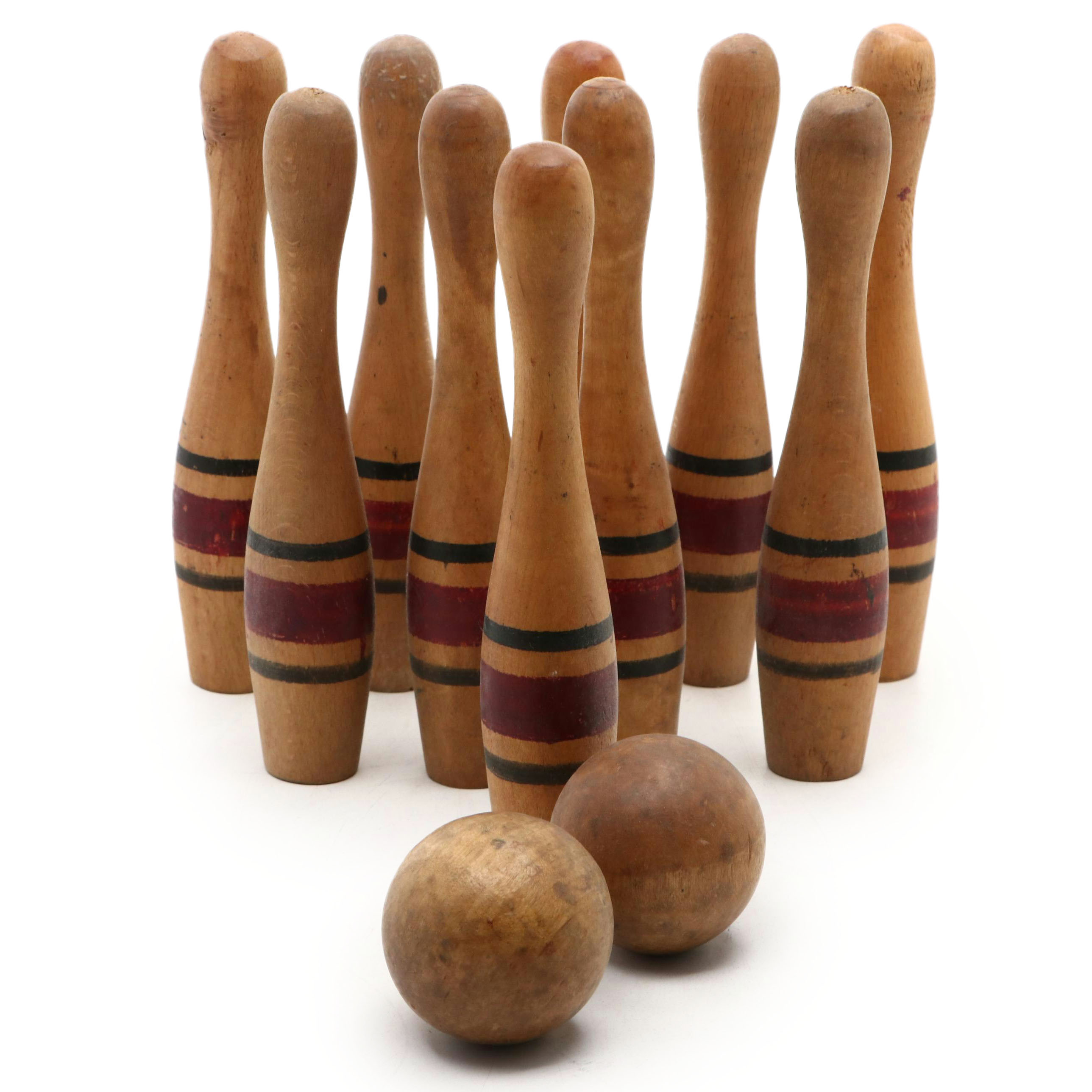 Miniature Handcrafted Wooden Bowling Pins and Balls, Mid-20th Century