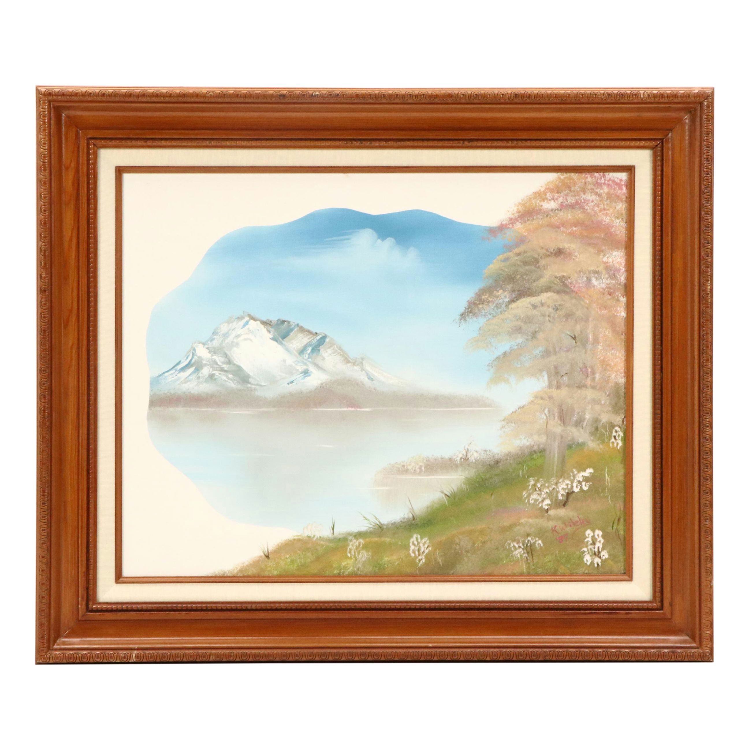 K. Whiteley Mountain Lake Landscape Oil Painting, 1989