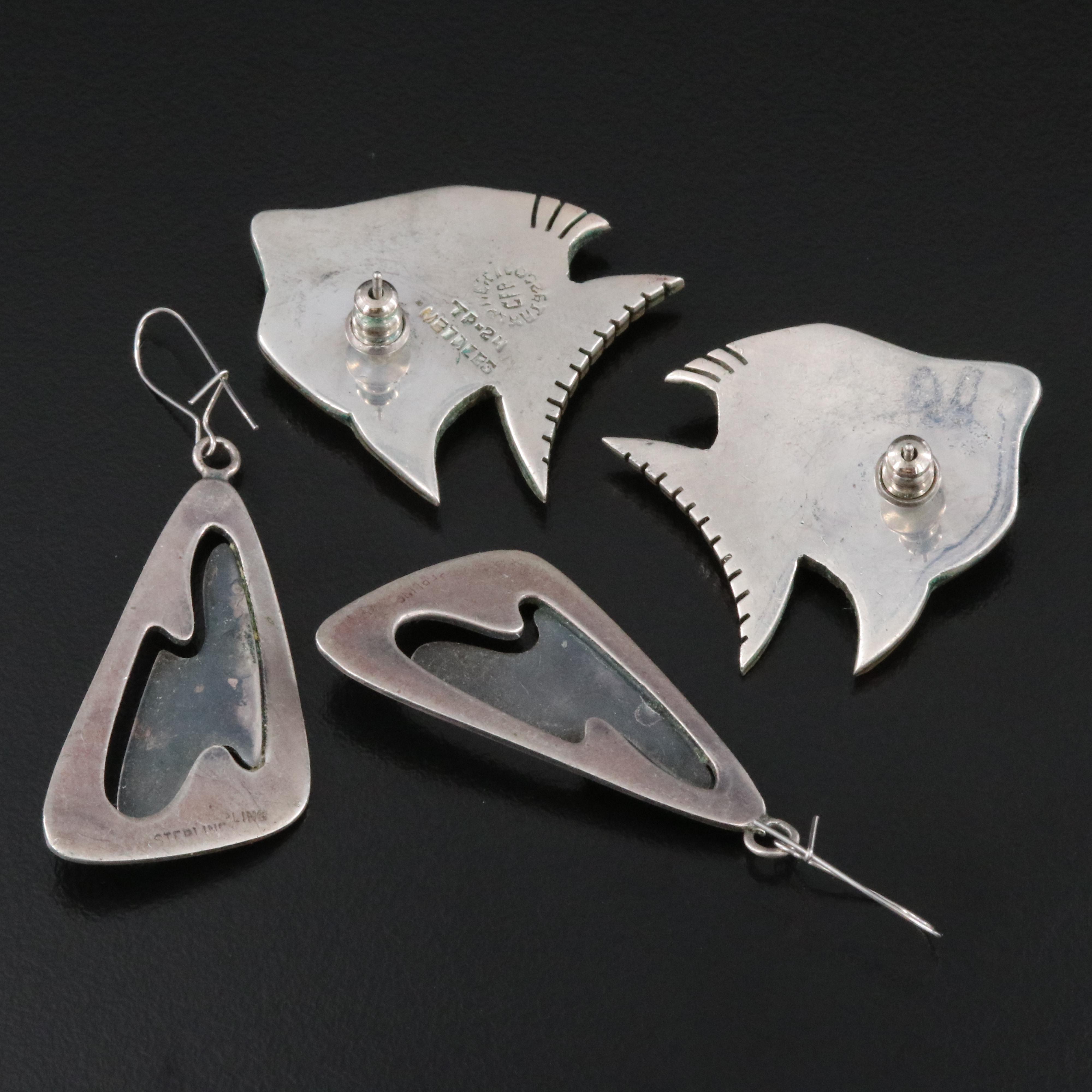 Mexican Sterling Modernist Fish and Artistan Cutout Earrings