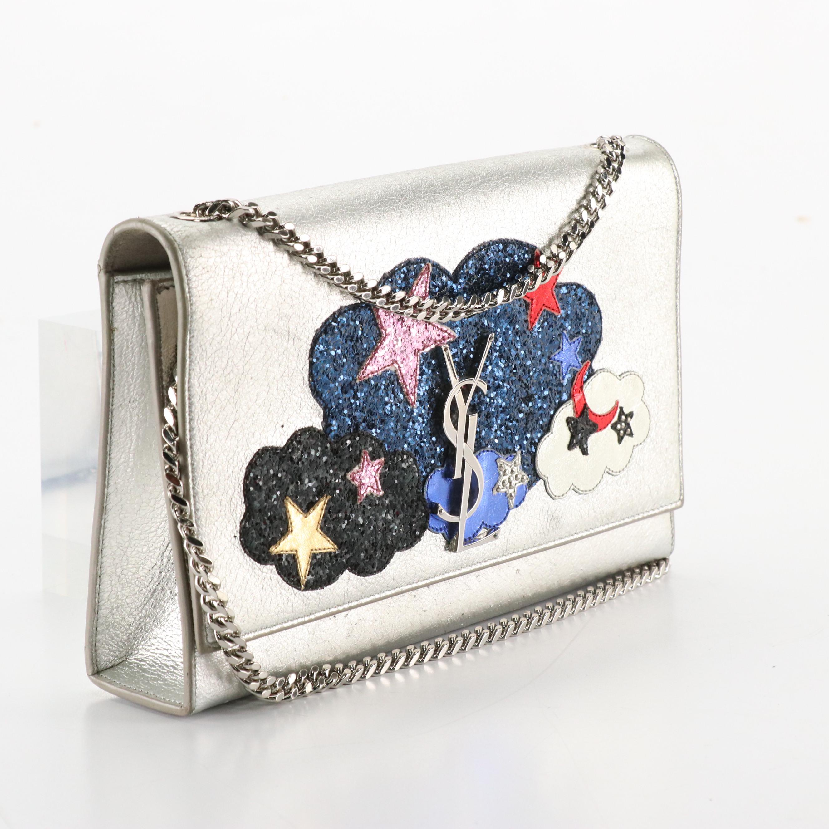 Saint Laurent Cloud Star Kate Chain Strap Bag in Silver Calfskin Leather