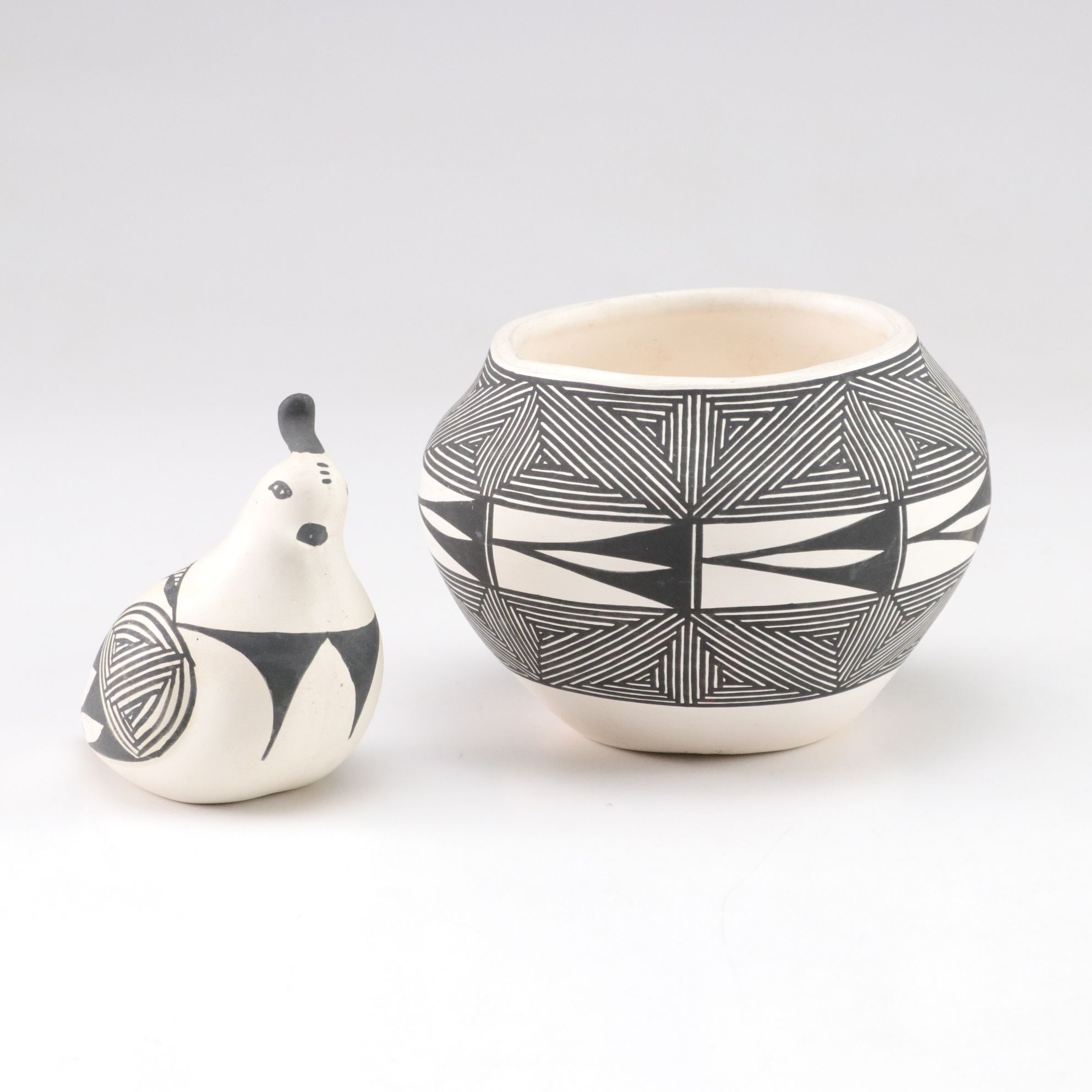 Poncho Signed Acoma Pottery Bowl Planter and Quail Figurine
