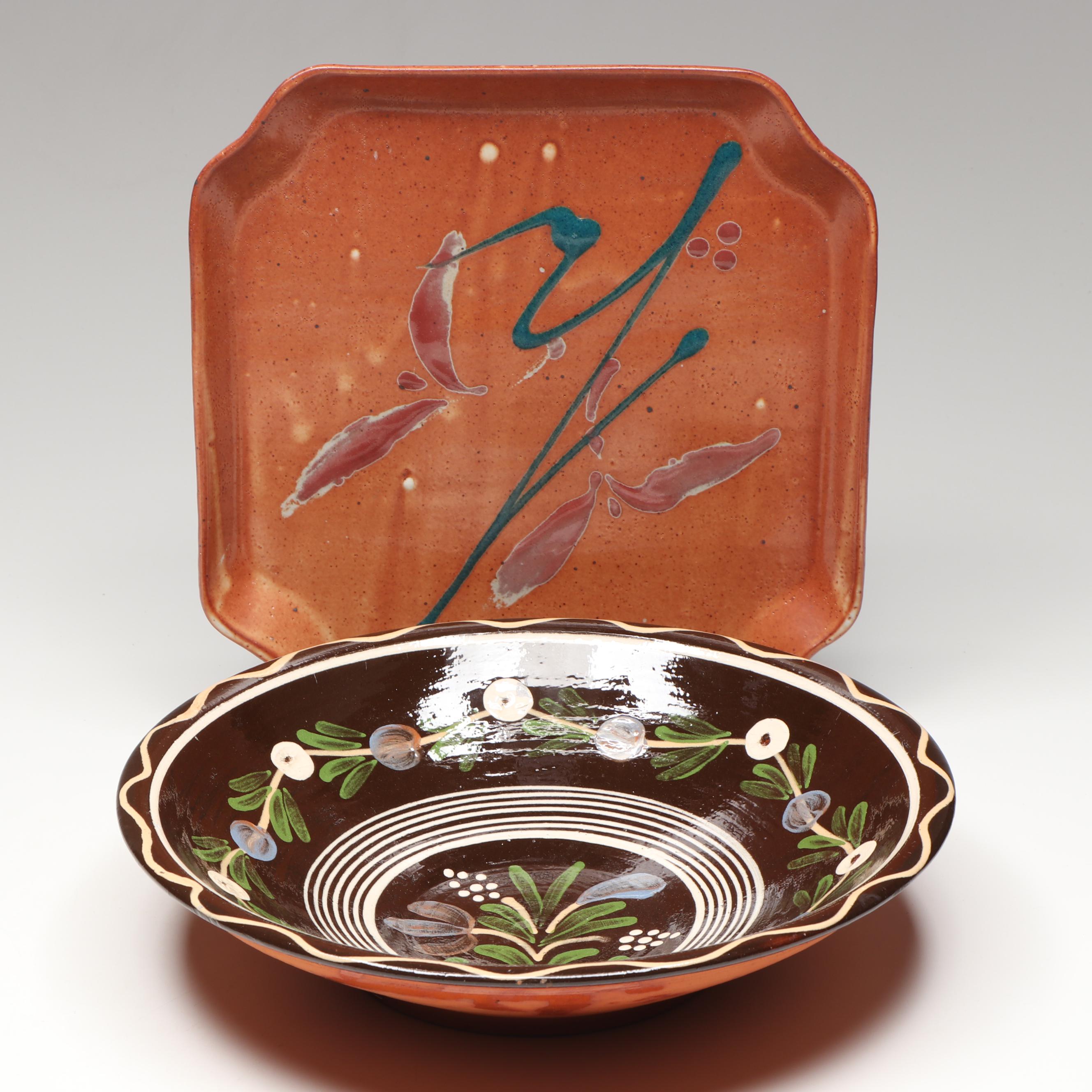 Slavic and More Signed Studio Pottery Plate and Serving Bowl
