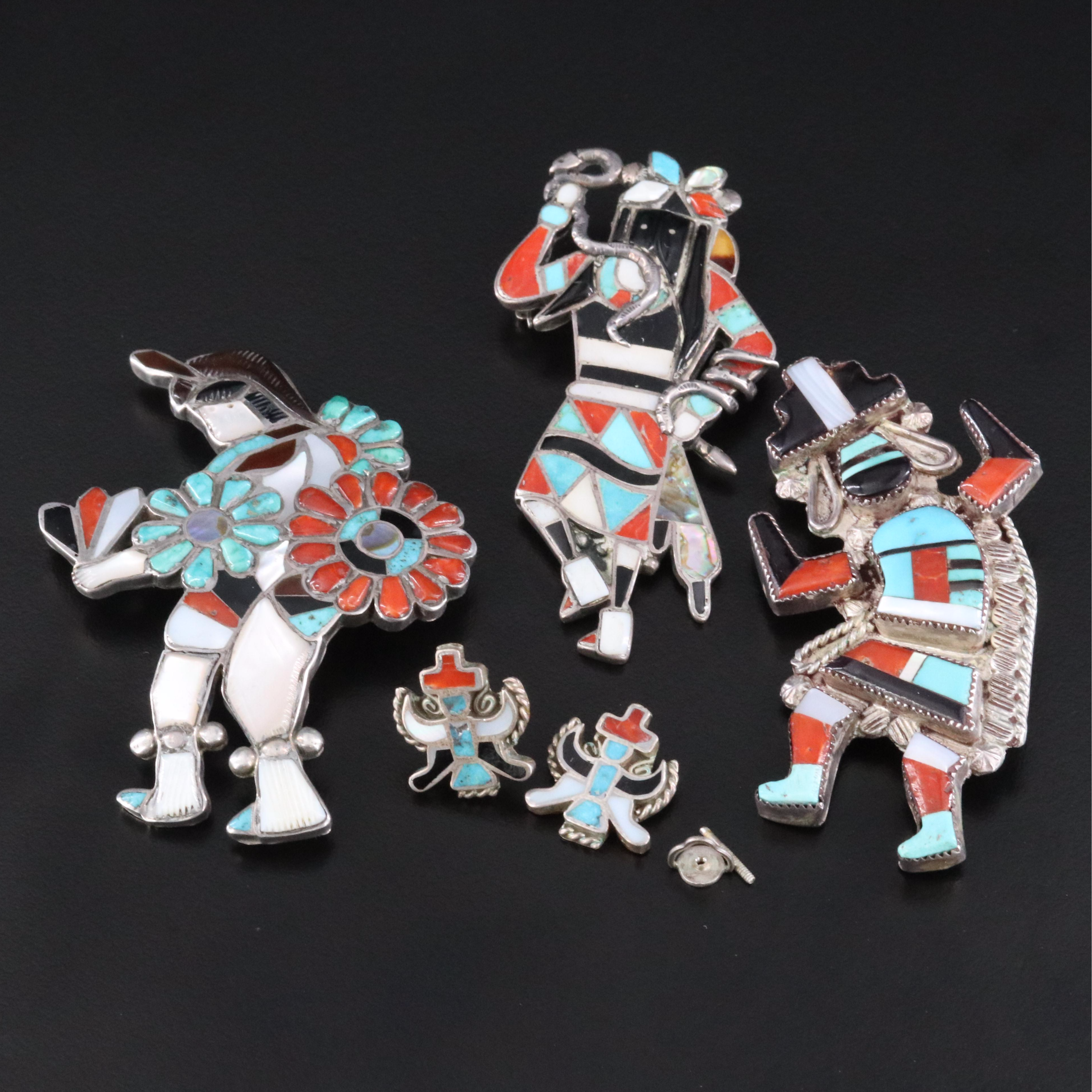 Southwestern Sterling Dancer Brooches & Earrings with Coral, Turquoise, Abalone