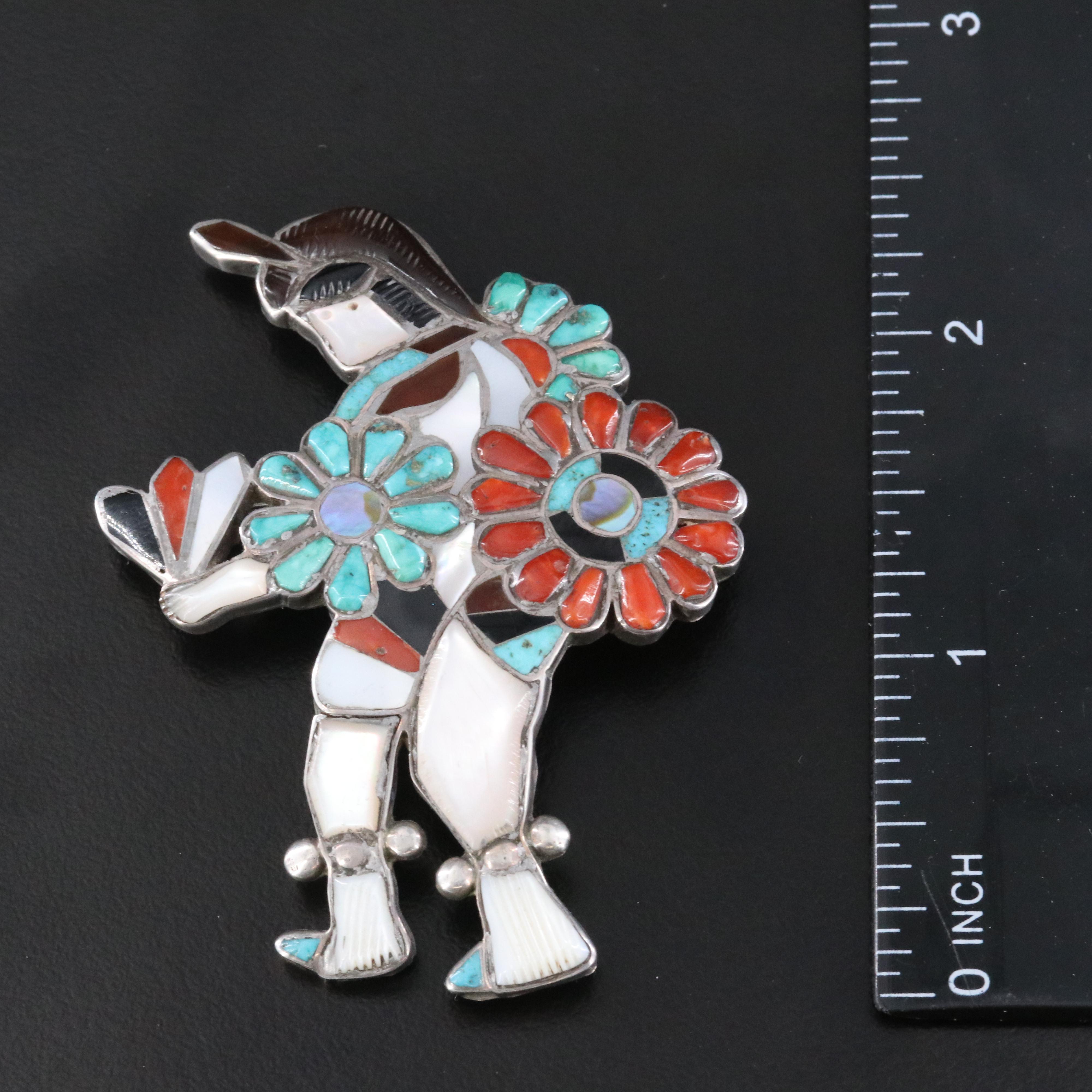 Southwestern Sterling Dancer Brooches & Earrings with Coral, Turquoise, Abalone