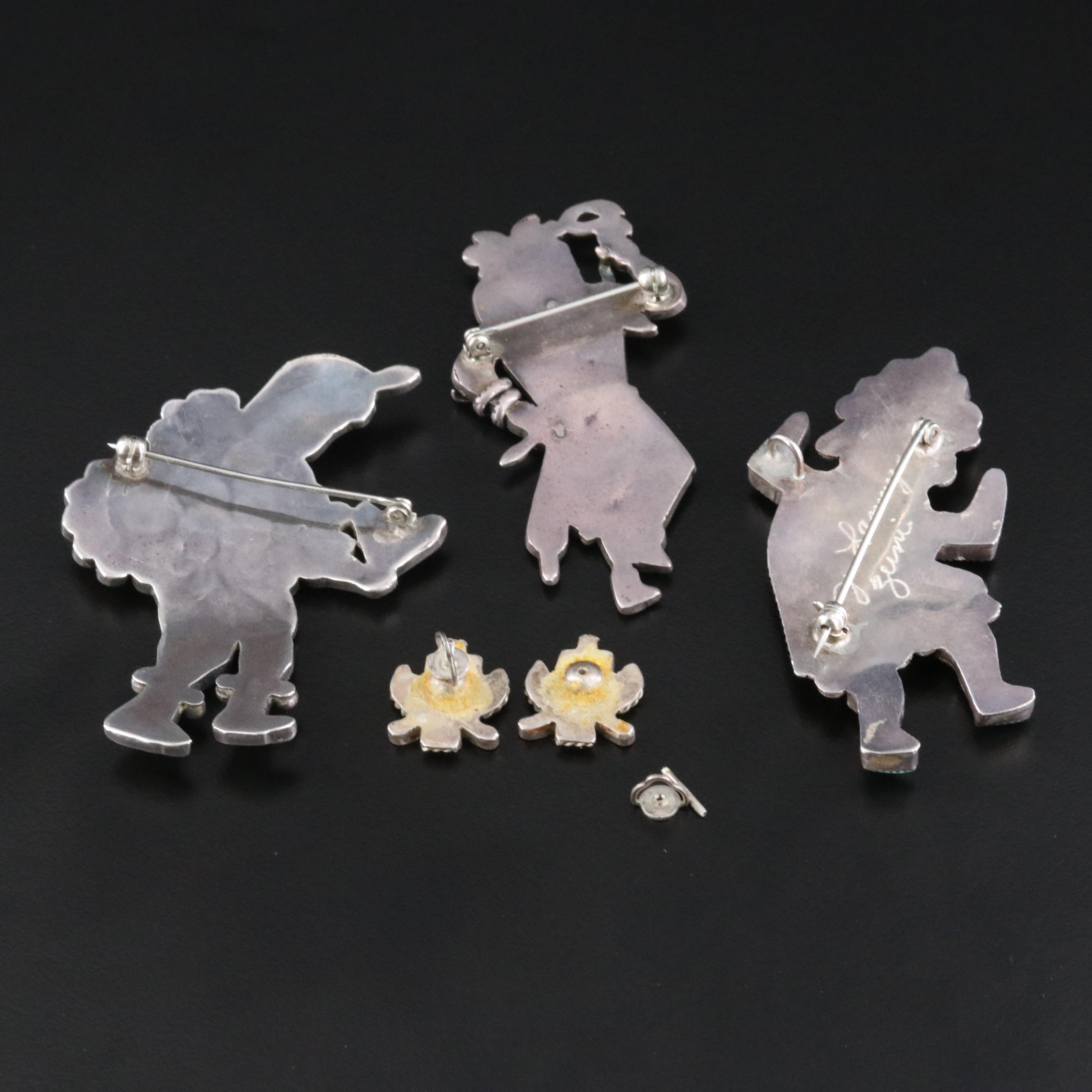 Southwestern Sterling Dancer Brooches & Earrings with Coral, Turquoise, Abalone