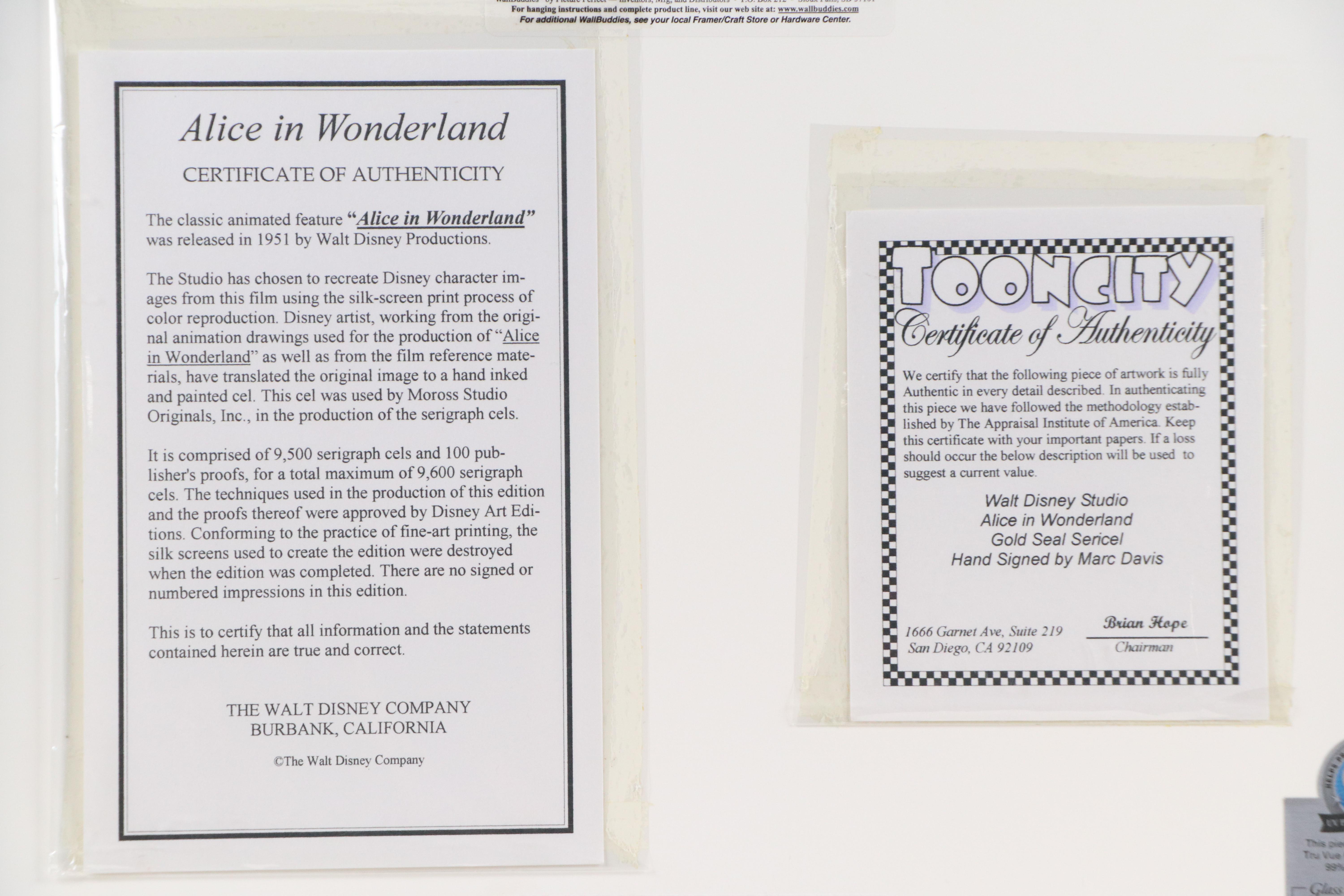 Disney Sericel "Alice in Wonderland" Signed by Marc Davis, 1980s