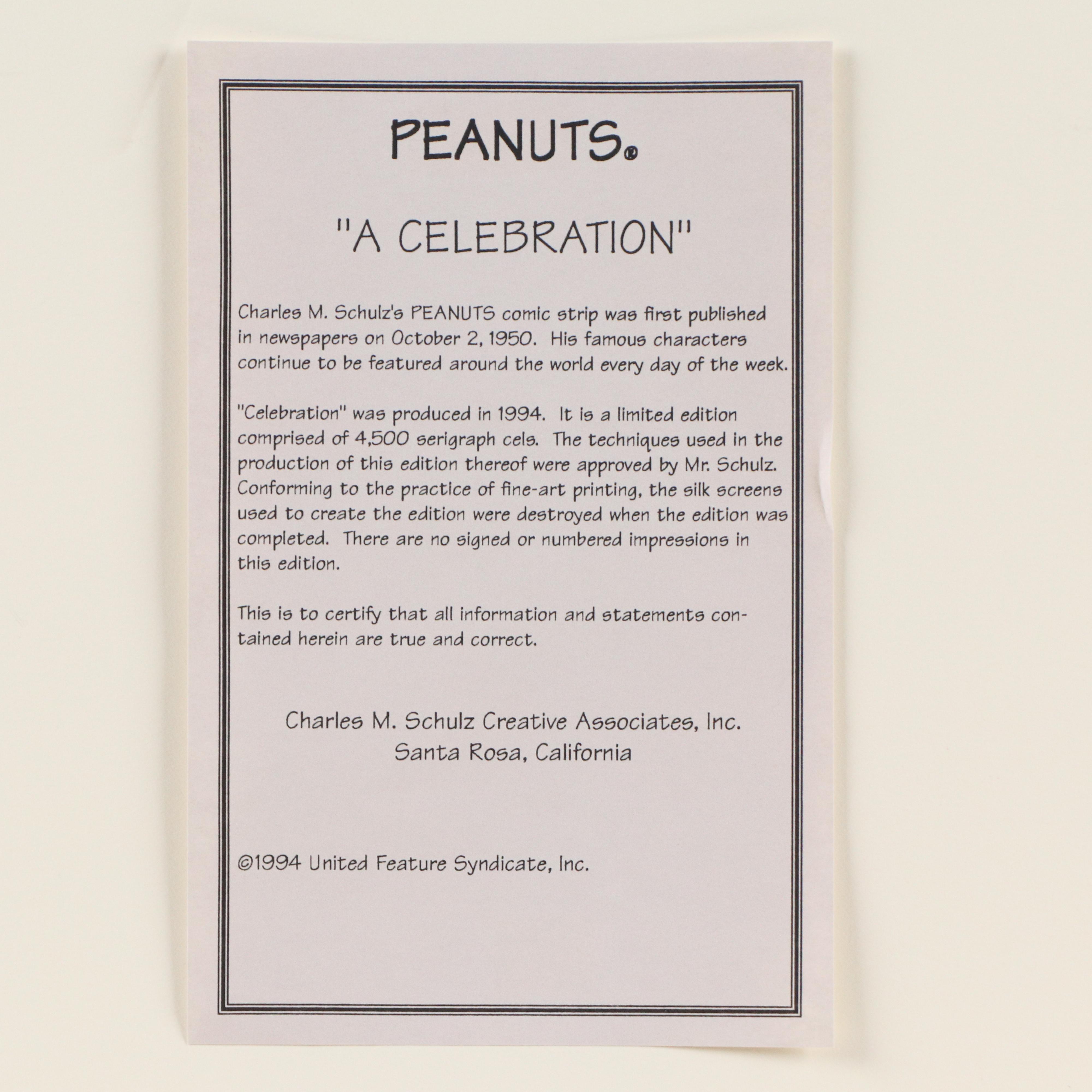 Peanuts Sericel "A Celebration" After Charles M. Schulz, 1994