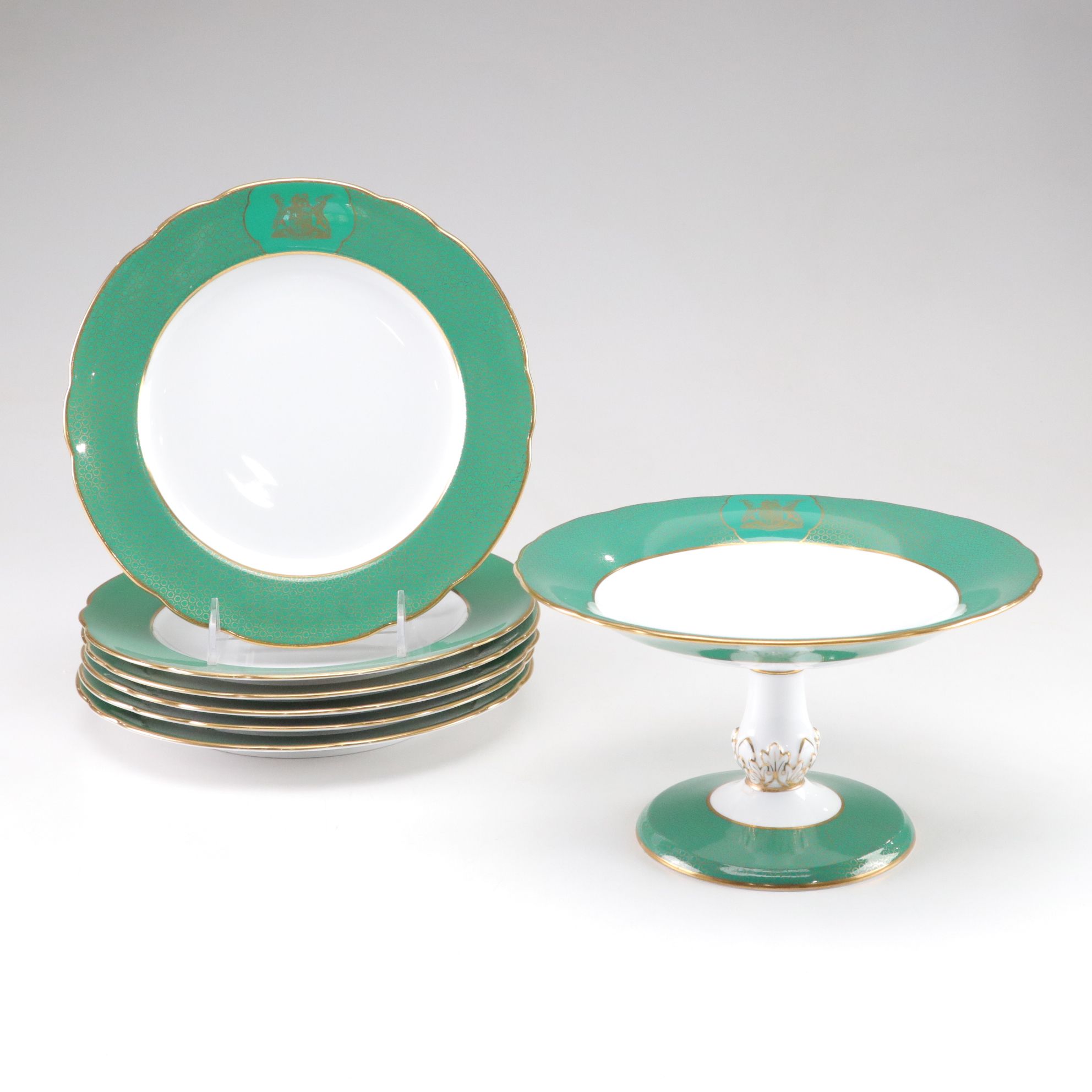 Spode "South African Coat of Arms" Porcelain Dinner Plates and Compote, 1940s