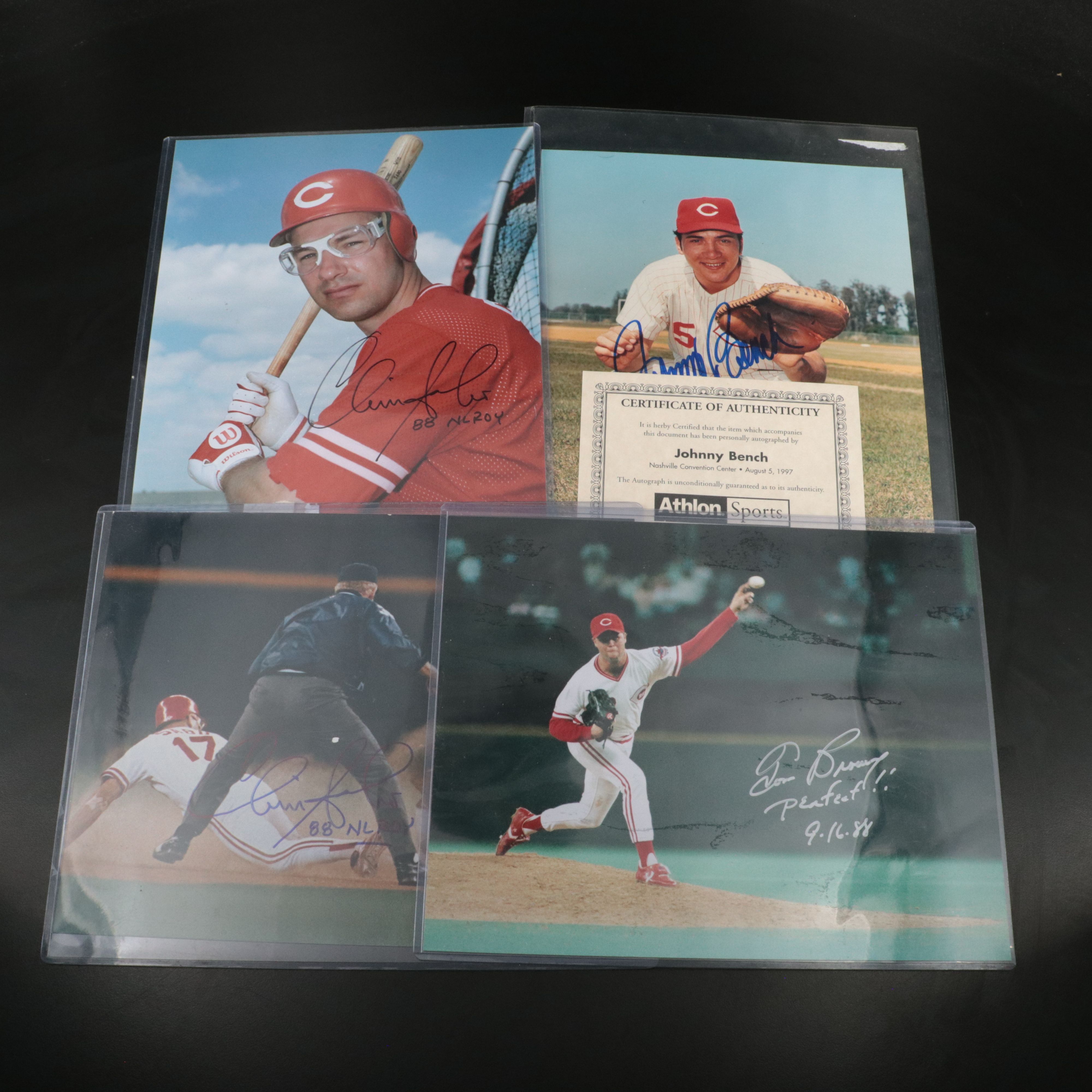 Four Signed Cincinnati Reds Photos, Bench, Browning, Sabo