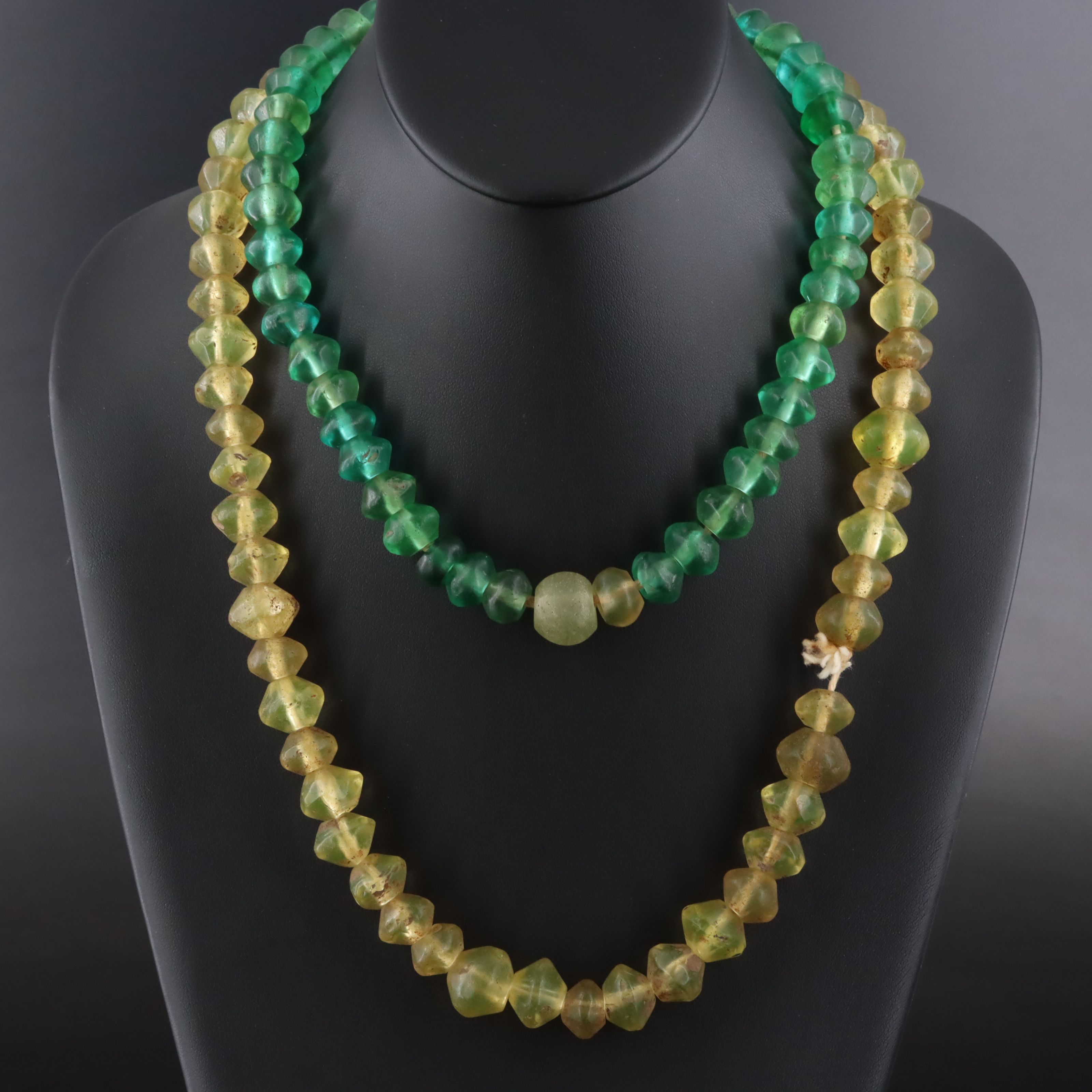 Antique Czech Vaseline Glass Trade Bead Necklace and Hank