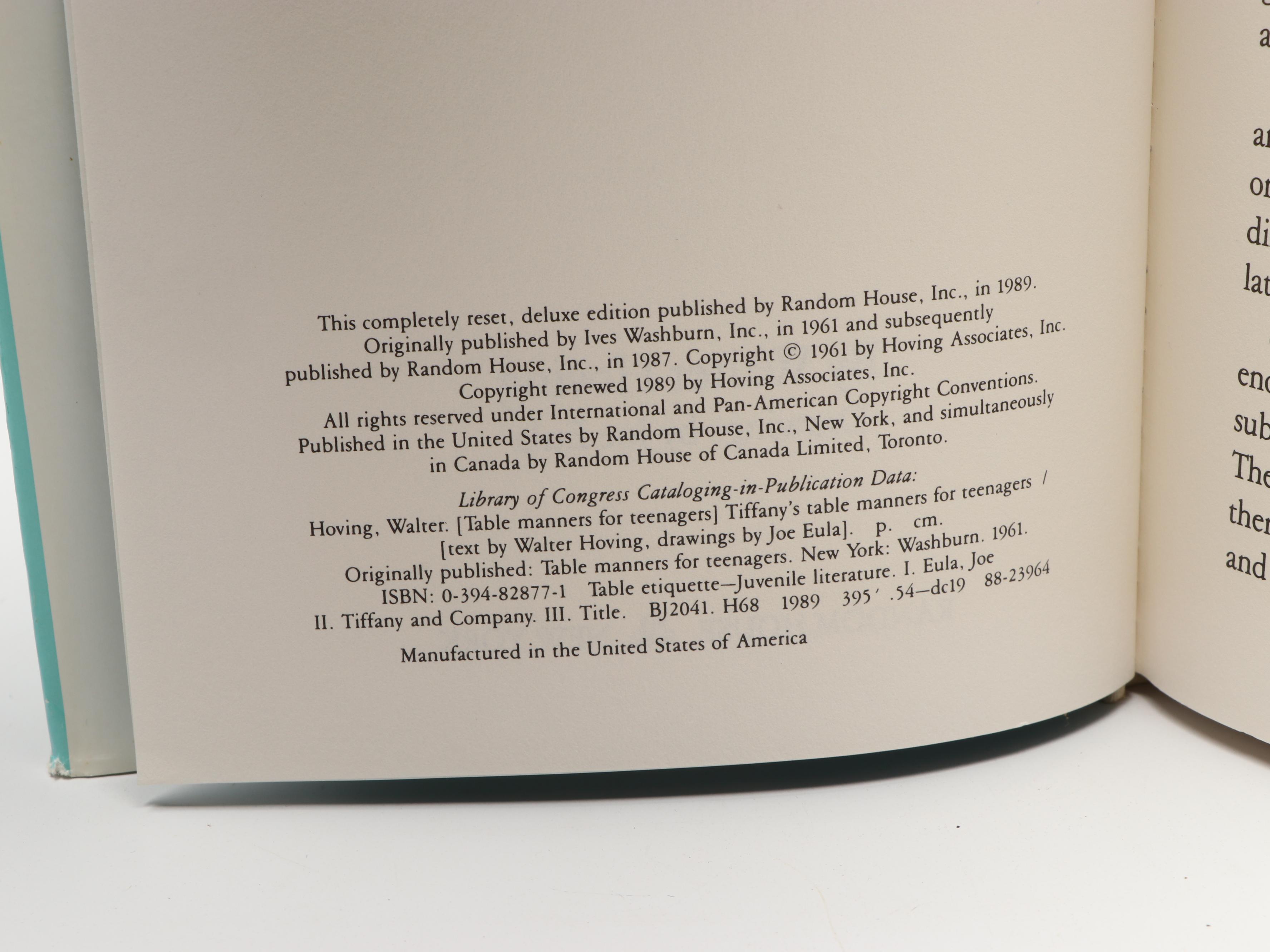 Illustrated "Tiffany's Table Manners for Teenagers" by Walter Hoving, 1989