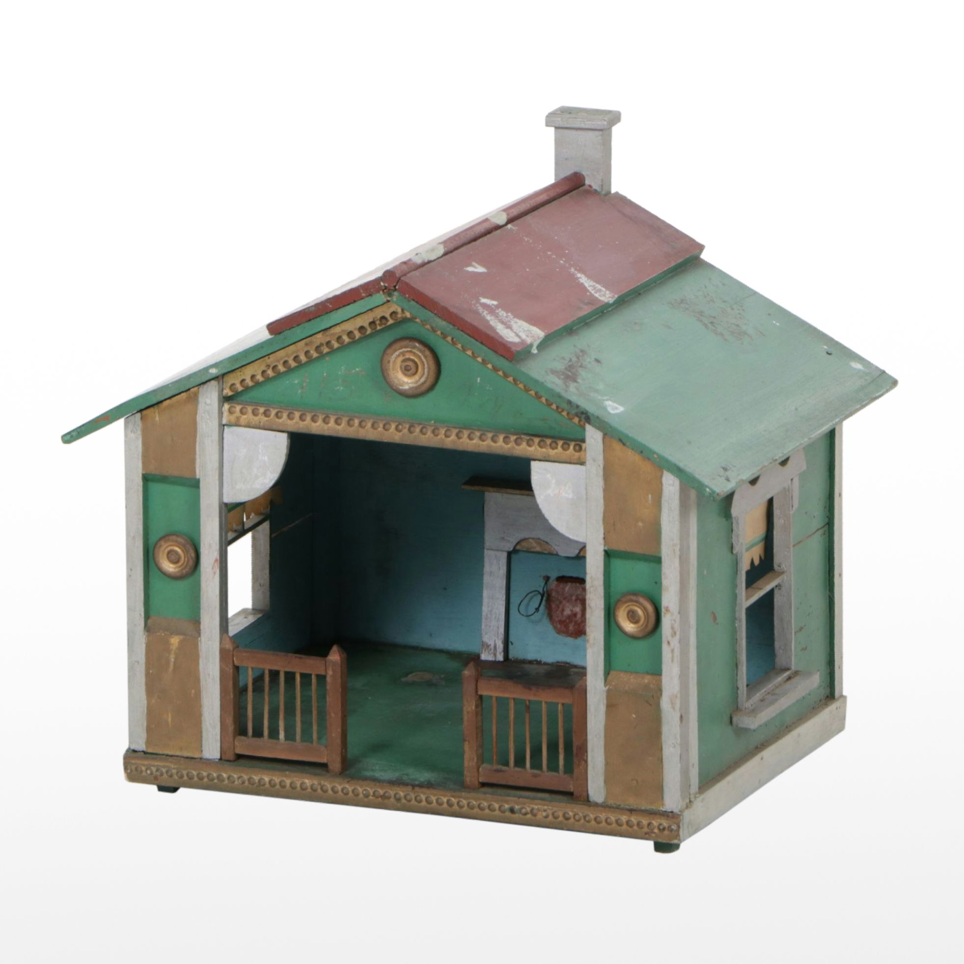 Handmade Polychrome Wood Dollhouse, Mid-20th Century