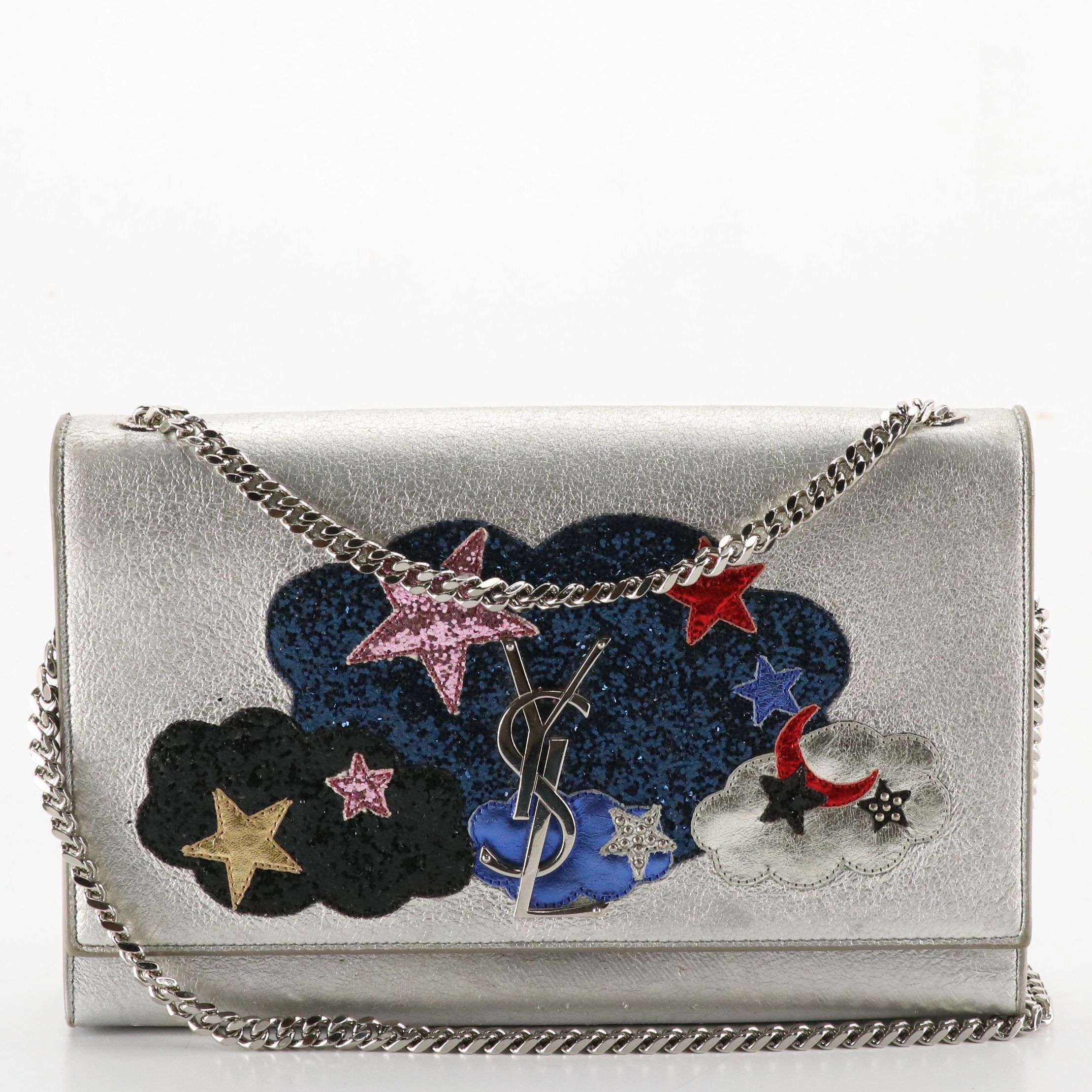 Saint Laurent Cloud Star Kate Chain Strap Bag in Silver Calfskin Leather