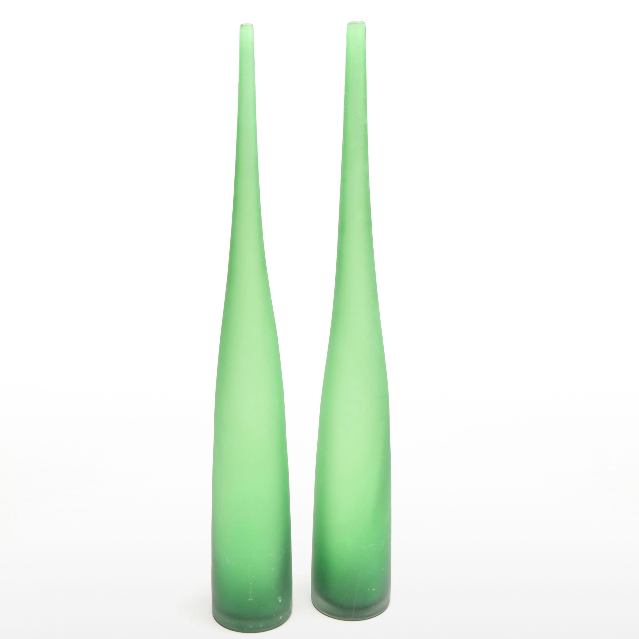 Mid Century Modern Style Frosted Green Glass Bottle Vases