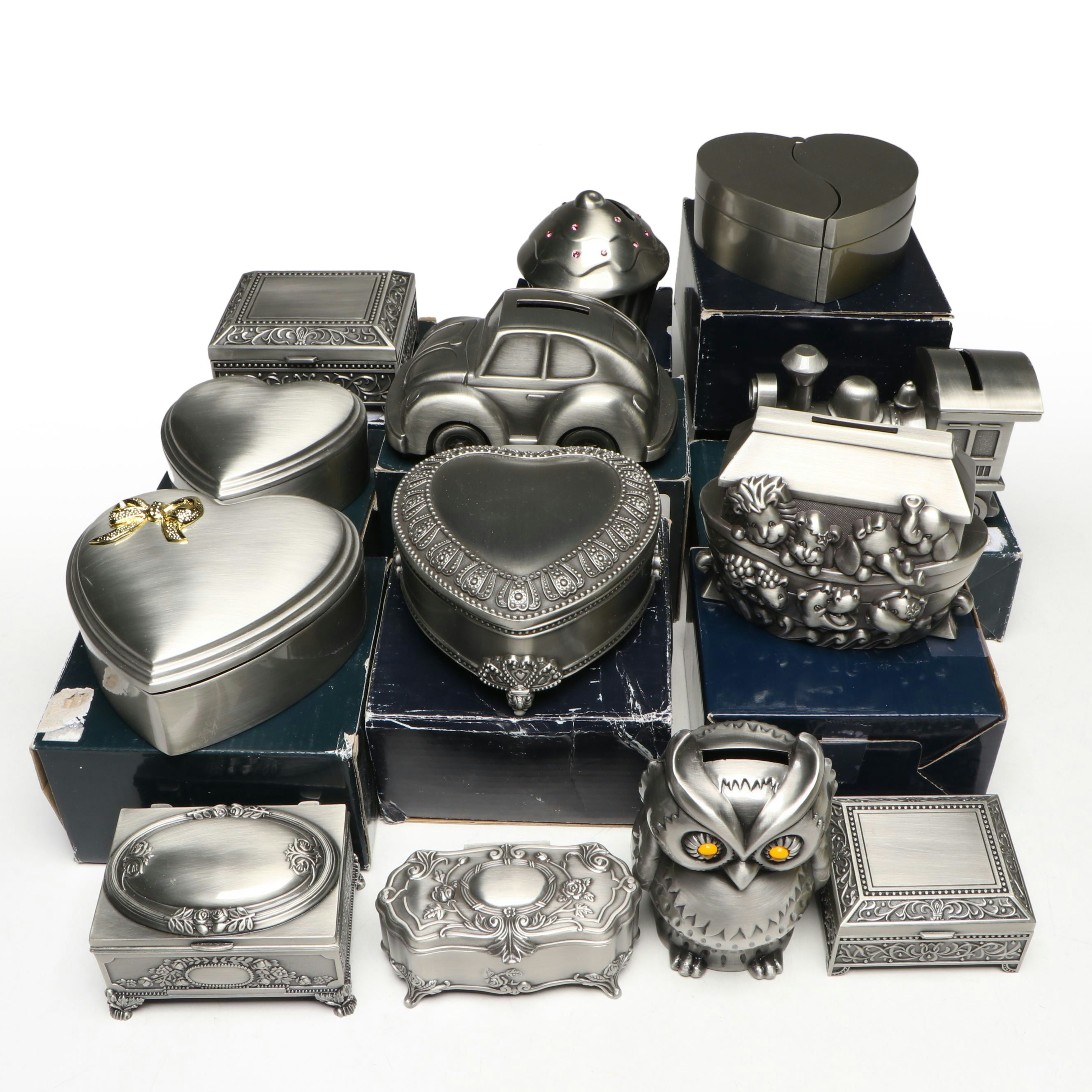 Brushed Metal Jewelry Boxes and Figural Banks