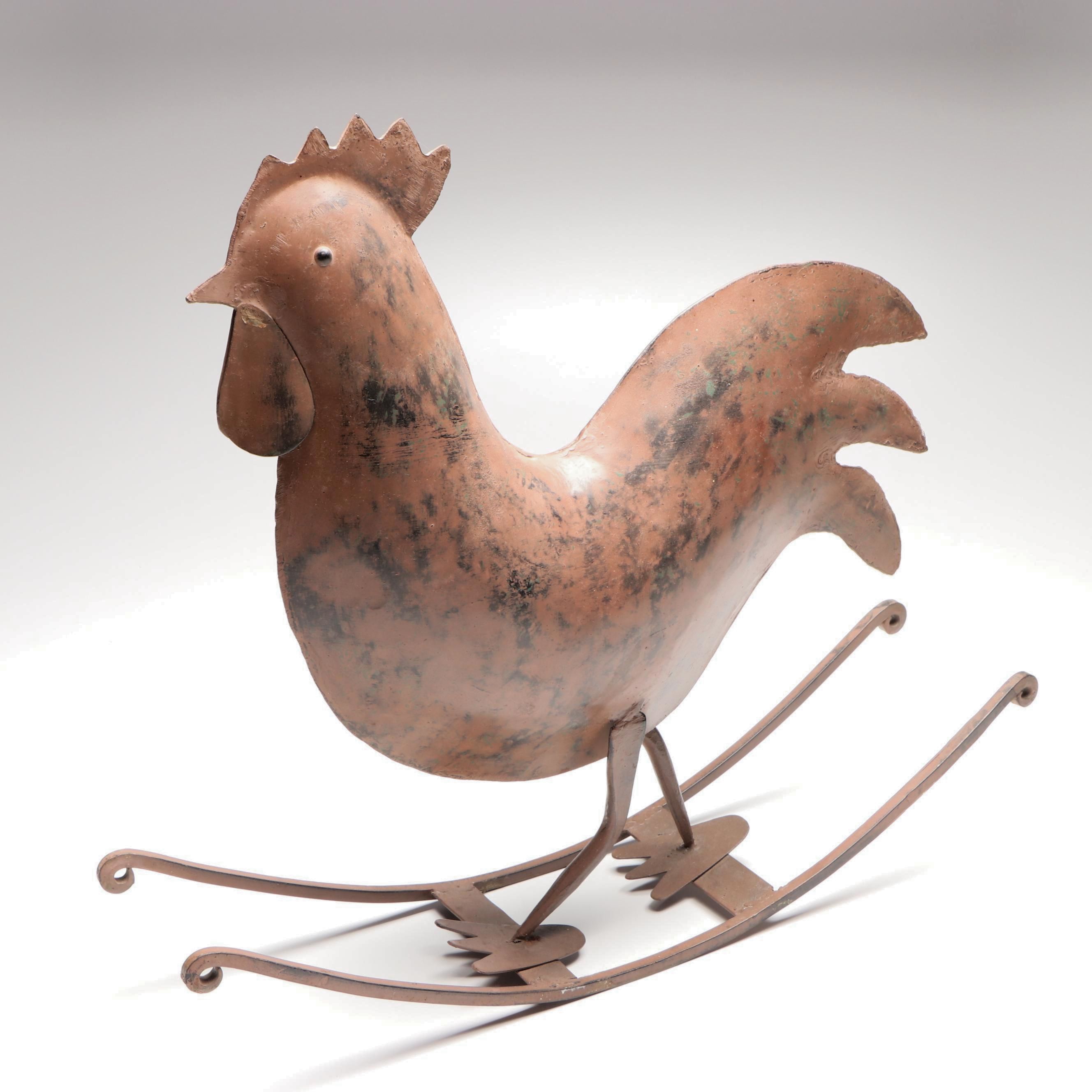 American Folk Art Style Metal Rocking Rooster Sculpture