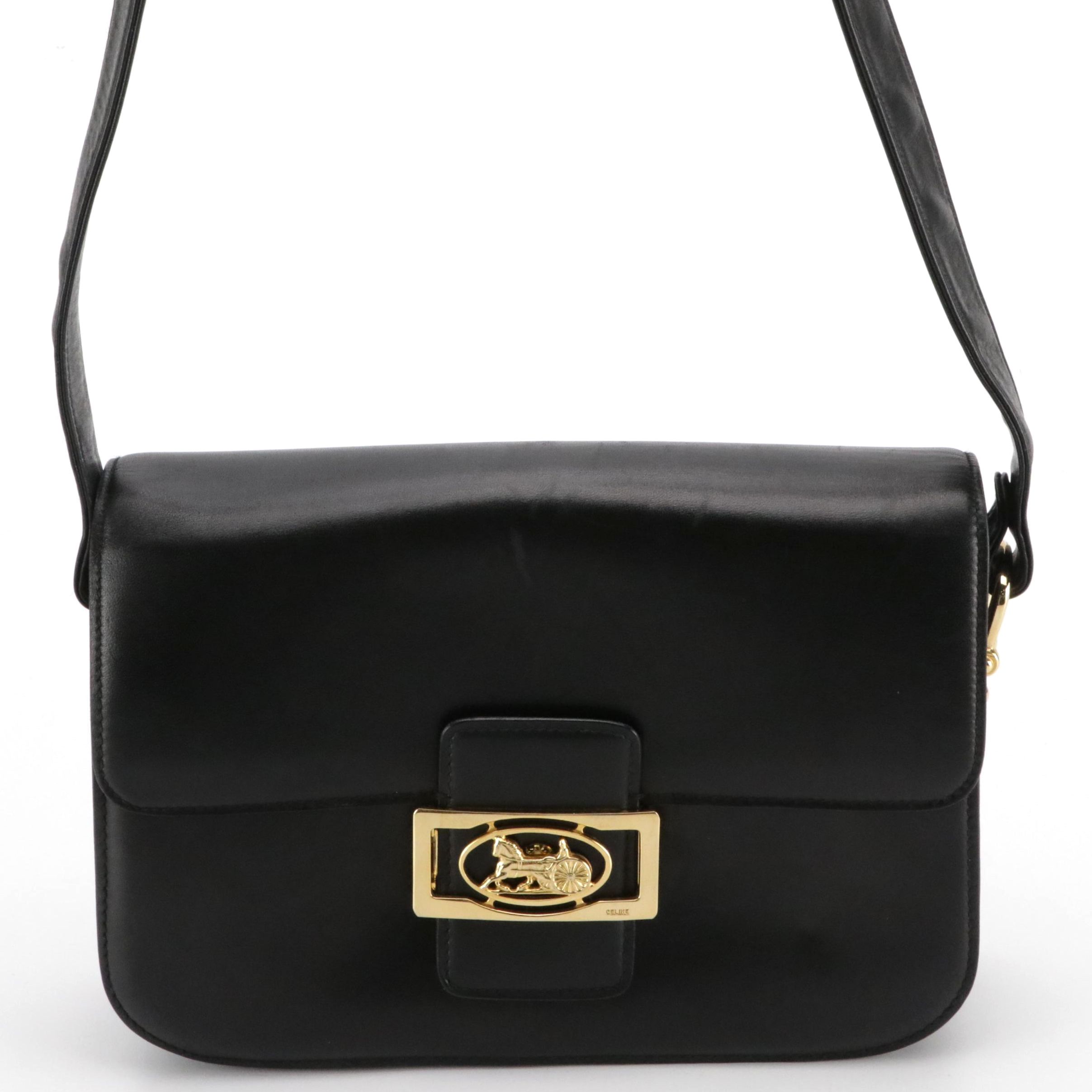 Celine Carriage Buckle Front Flap Shoulder Bag in Black Leather