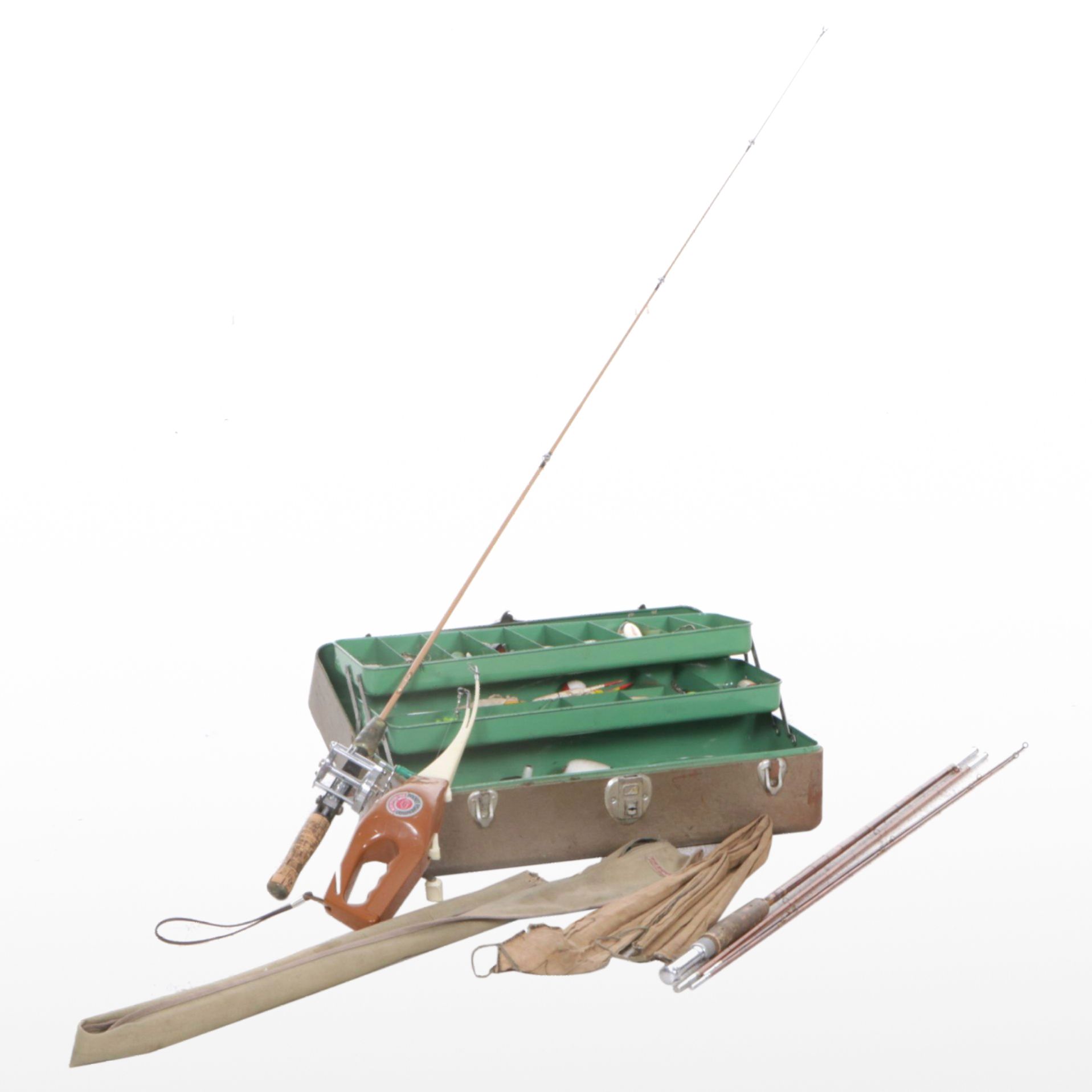 Popeil "Pocket Fisherman", Bamboo Fly Rod, and Other Fishing Gear