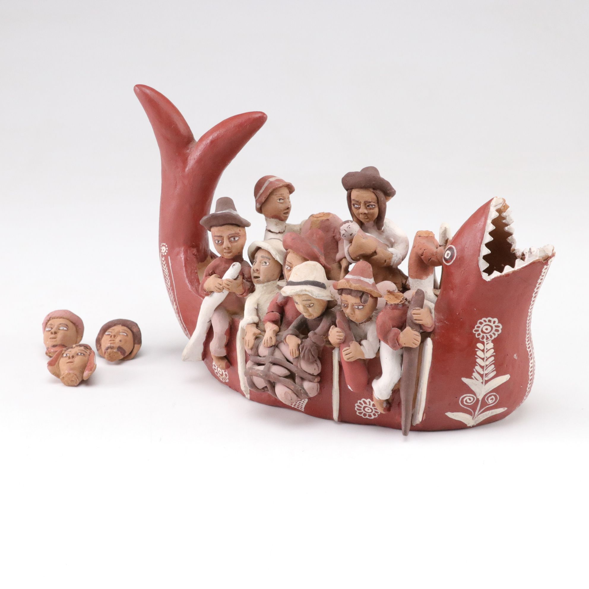 Peruvian Earthenware Folk Art Fishermen in Whale-Shaped Boat