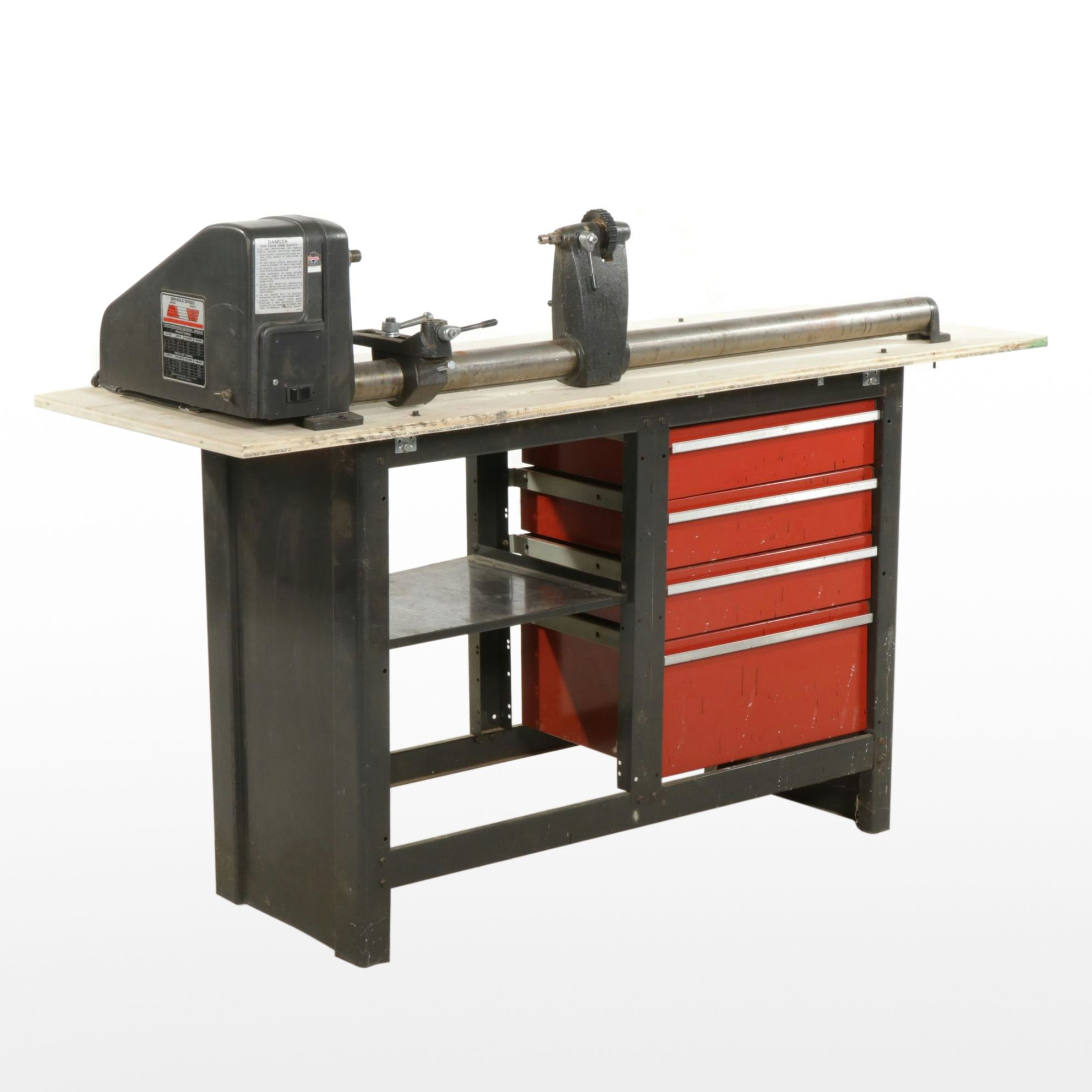 Sears Craftsman Lathe Mounted on Work Table with Accessories and Wood