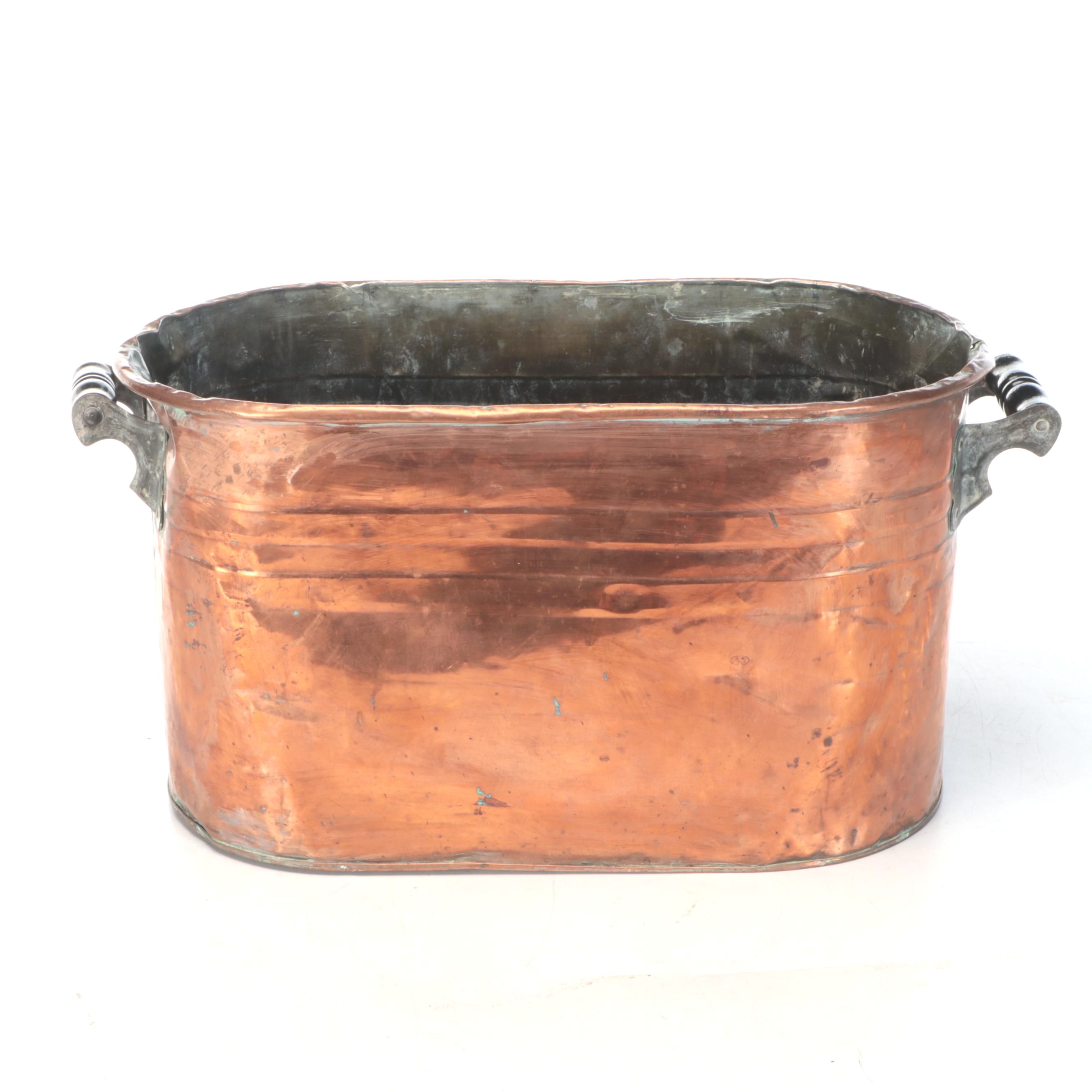 Antique Copper Boiler Wash Tub With Wood Handles