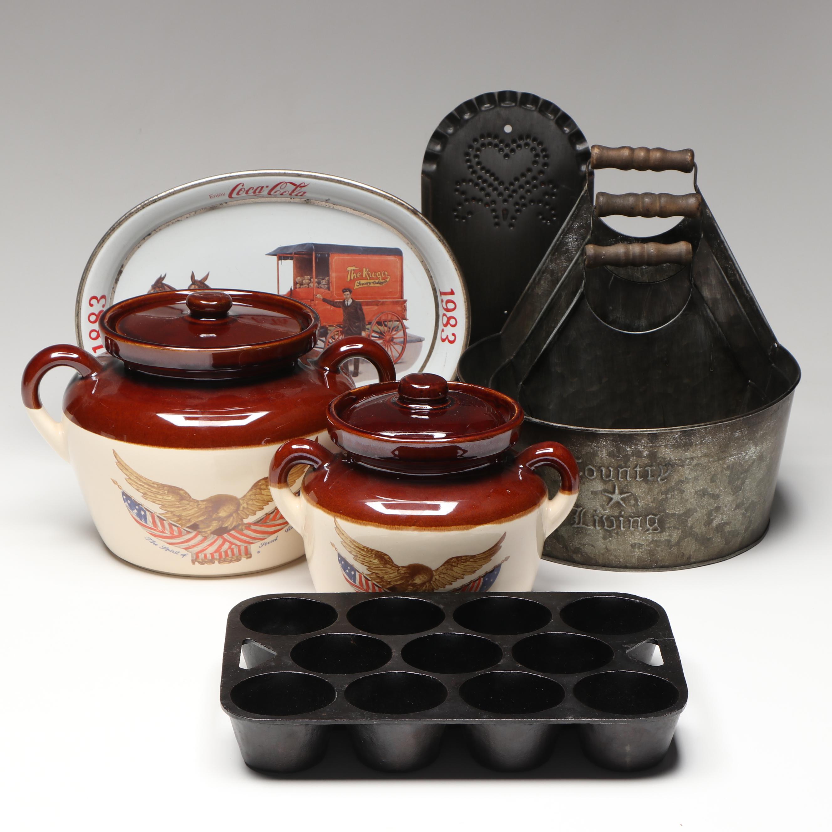 McCoy 1976 Commemorative Bean Pots, Cast Iron Muffin Pan with Other Metal Décor