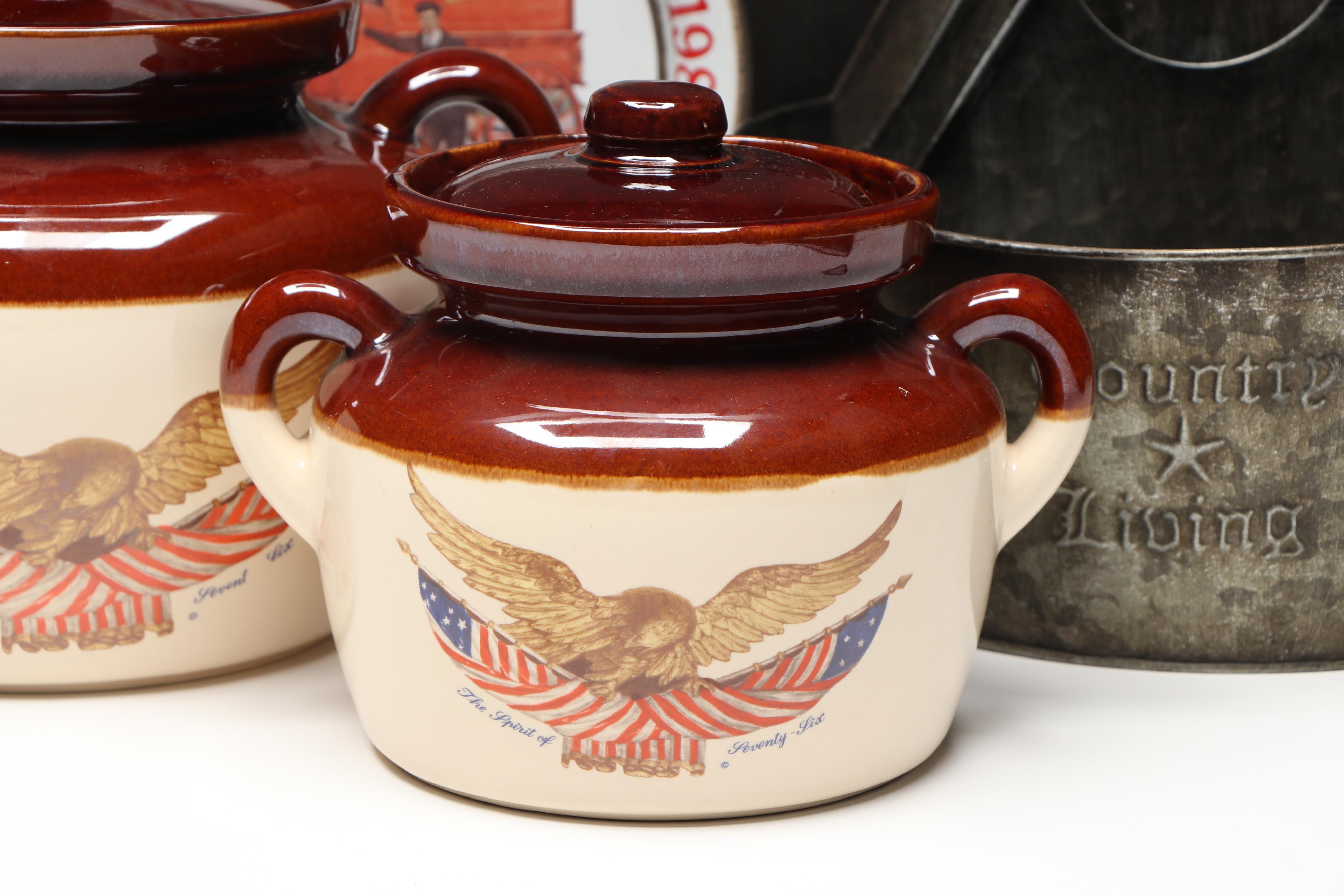 McCoy 1976 Commemorative Bean Pots, Cast Iron Muffin Pan with Other Metal Décor