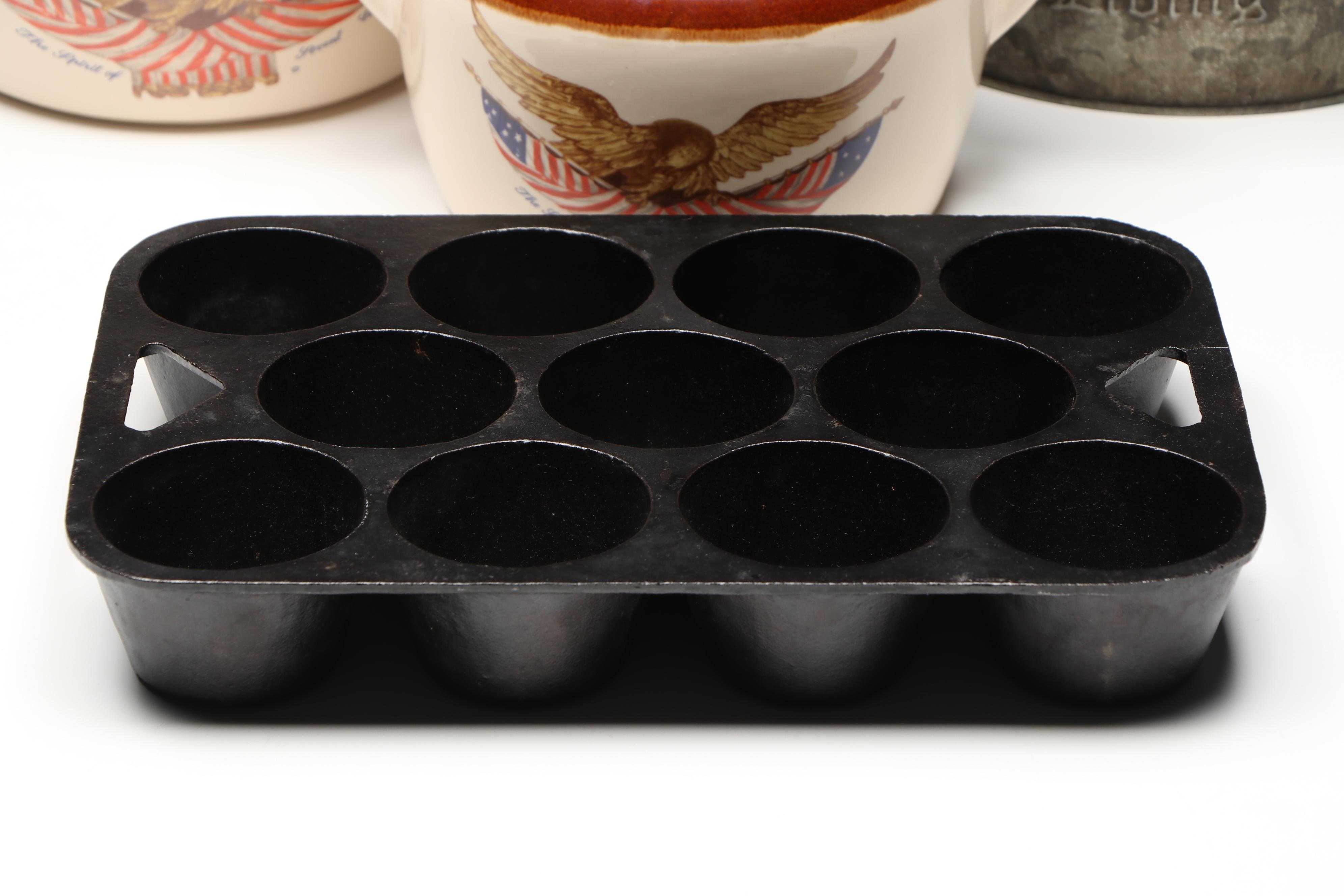 McCoy 1976 Commemorative Bean Pots, Cast Iron Muffin Pan with Other Metal Décor
