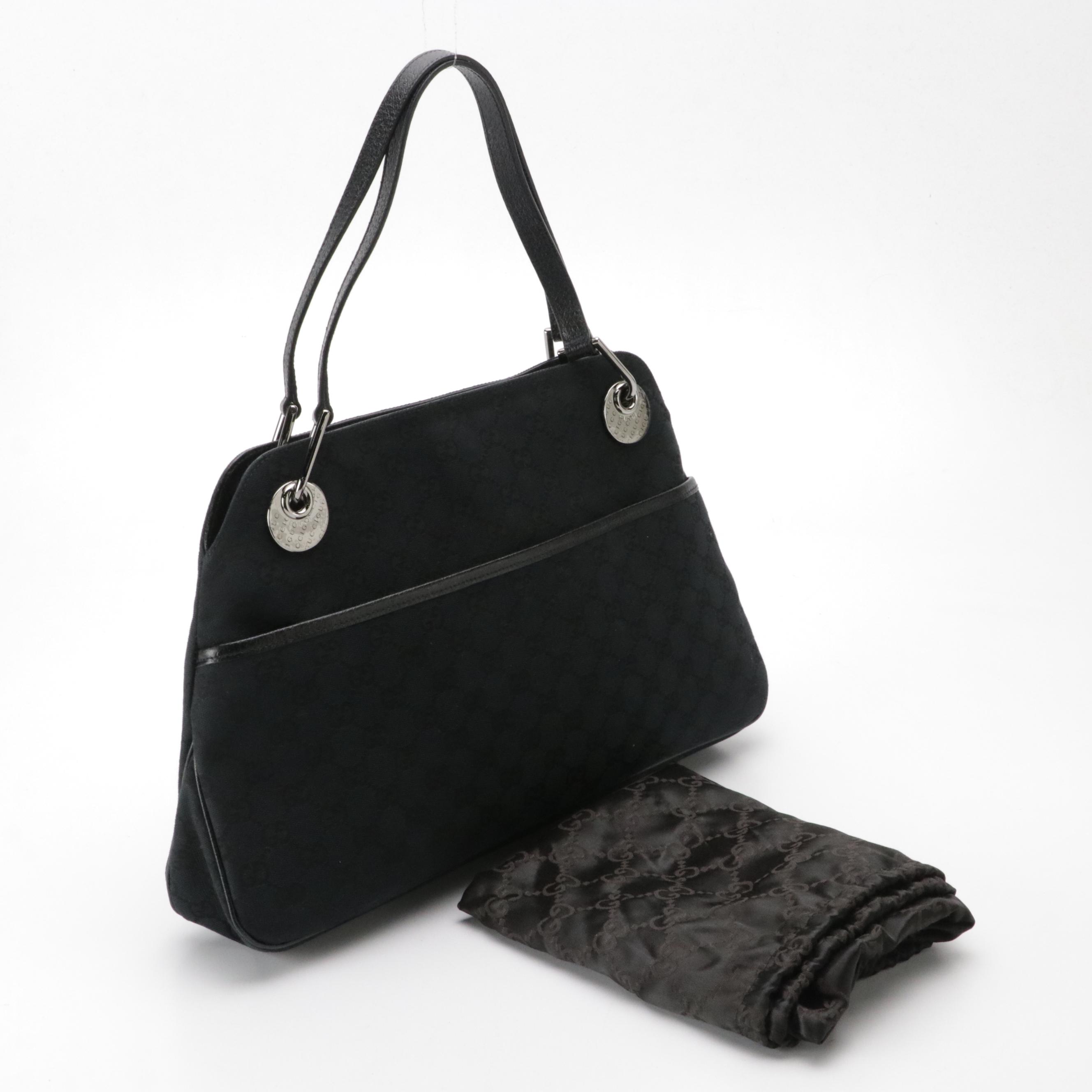 Gucci Eclipse Shoulder Bag in Black GG Canvas and Cinghiale Leather Trim