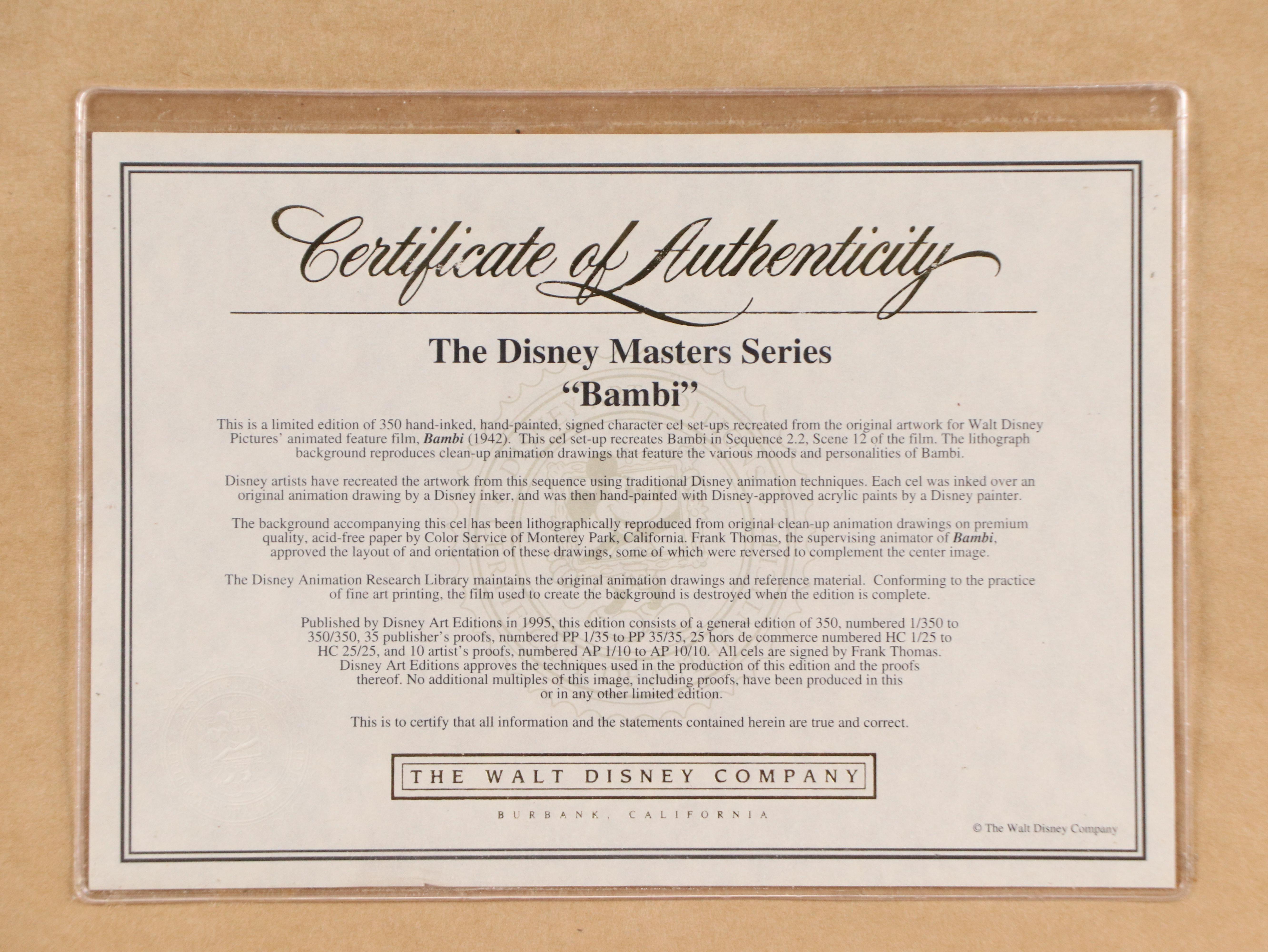 Disney Sericel "Bambi" Signed by Frank Thomas, 1995