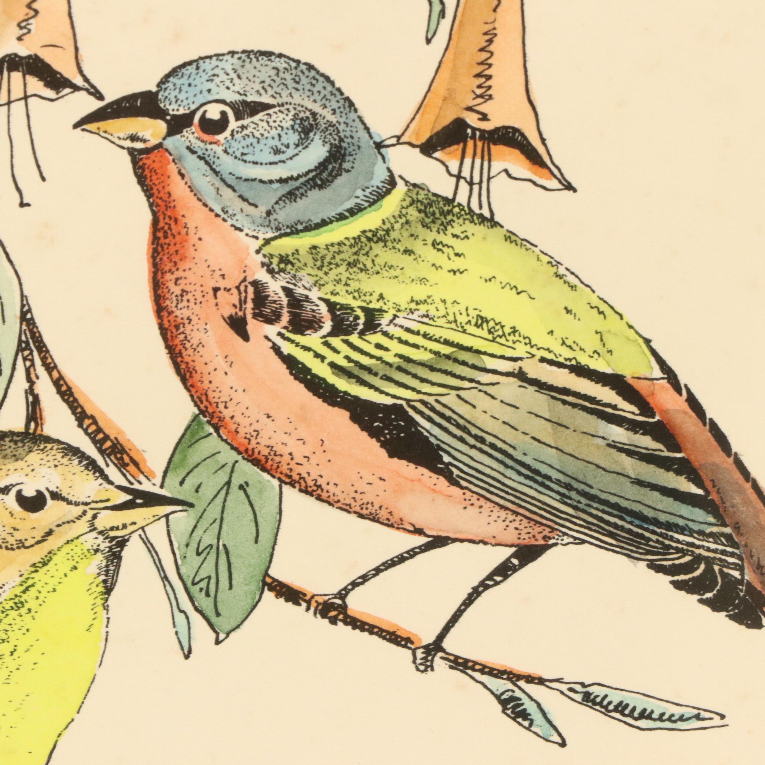 William E. Snowden, Jr. Colored Etching "Painted Buntings," 20th Century