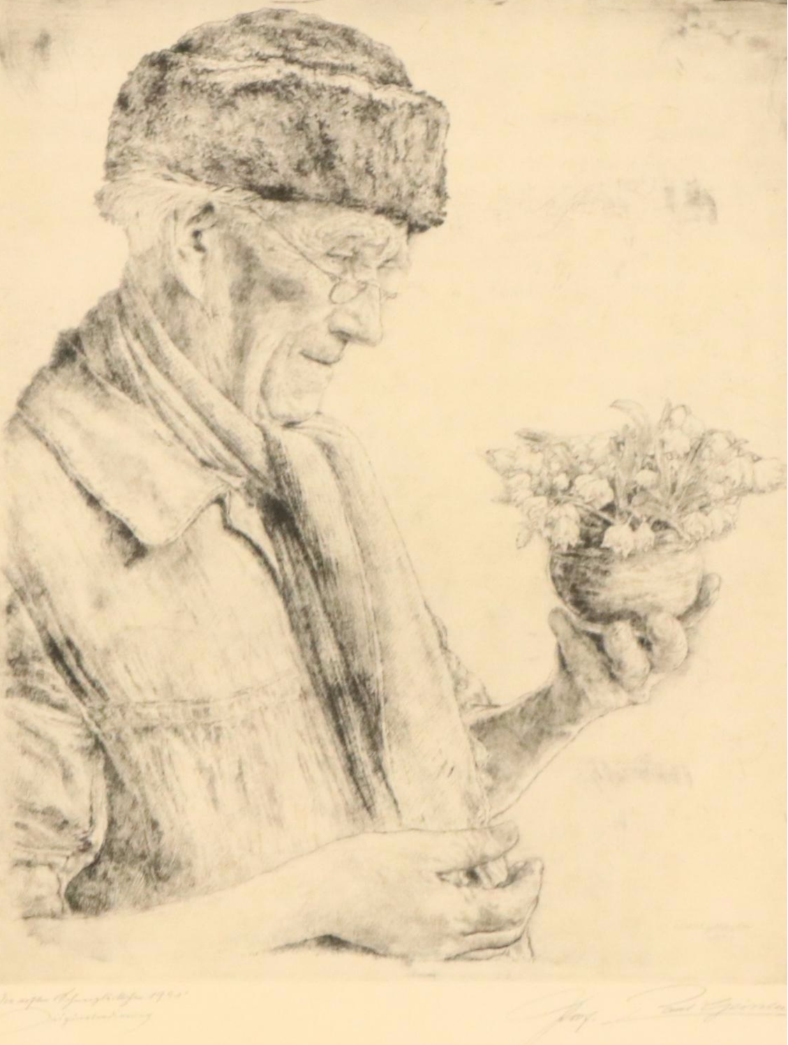 Paul Geissler Etching "The First Snowdrop," 1951