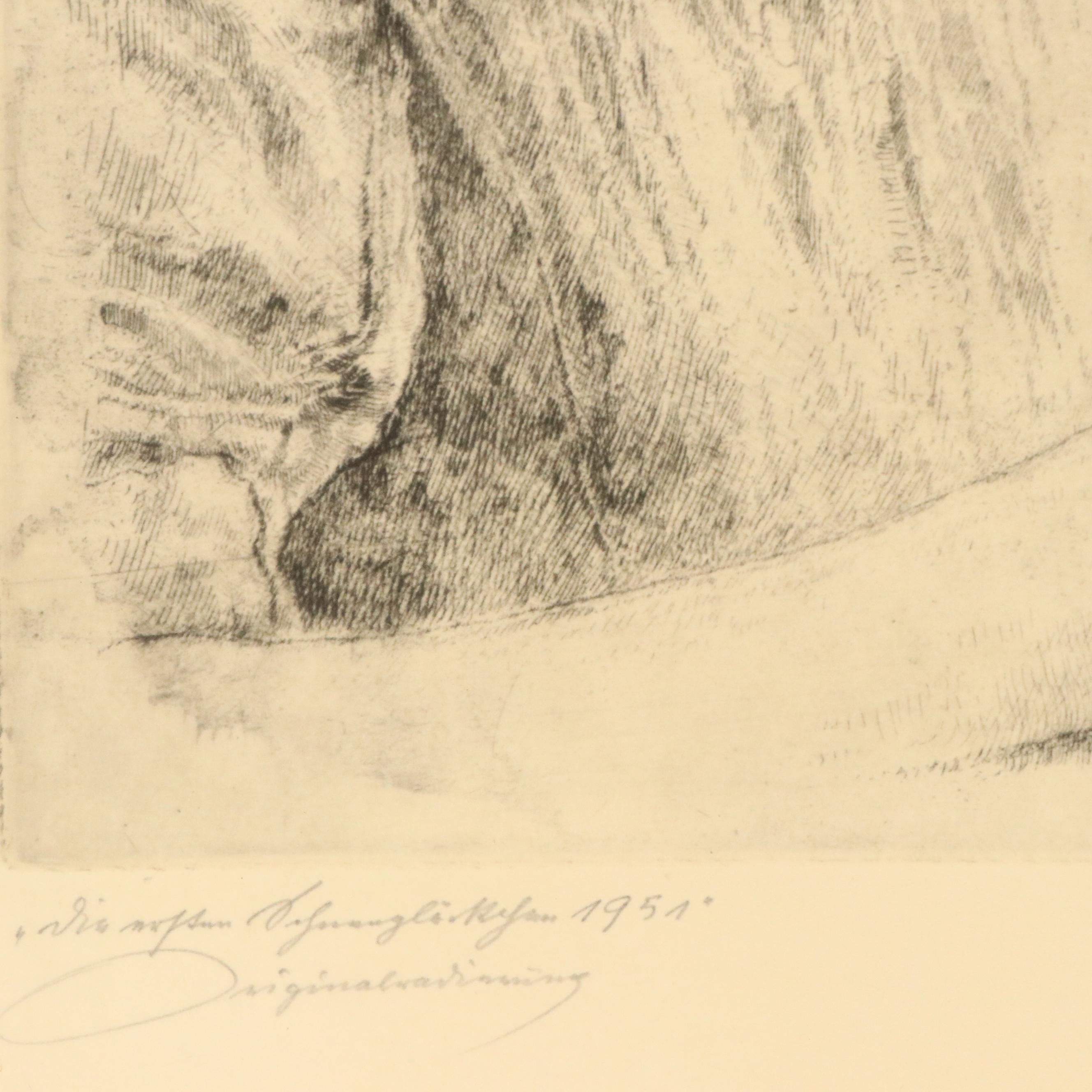 Paul Geissler Etching "The First Snowdrop," 1951