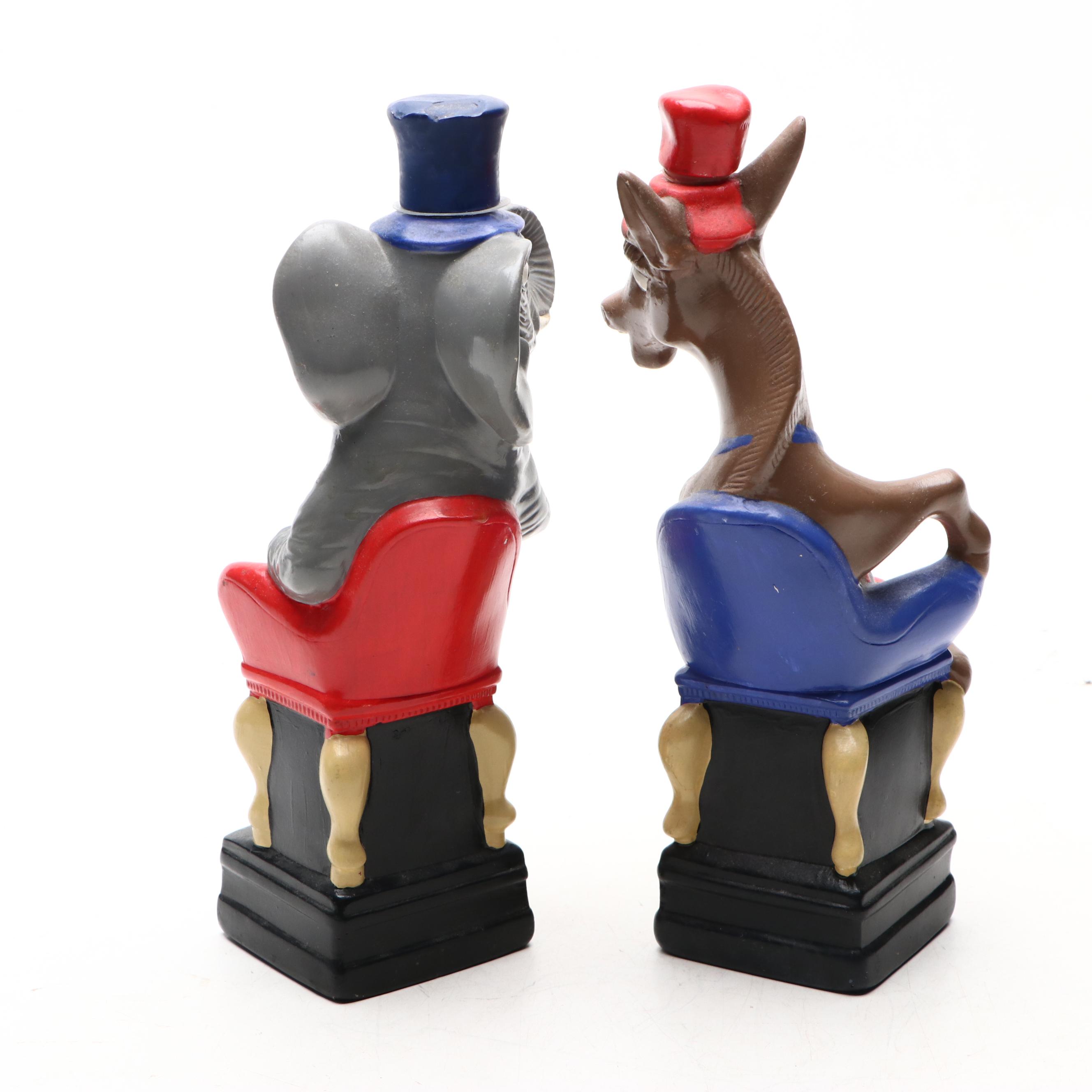 American Political Elephant and Donkey Mascot Figural Ceramic Decanters