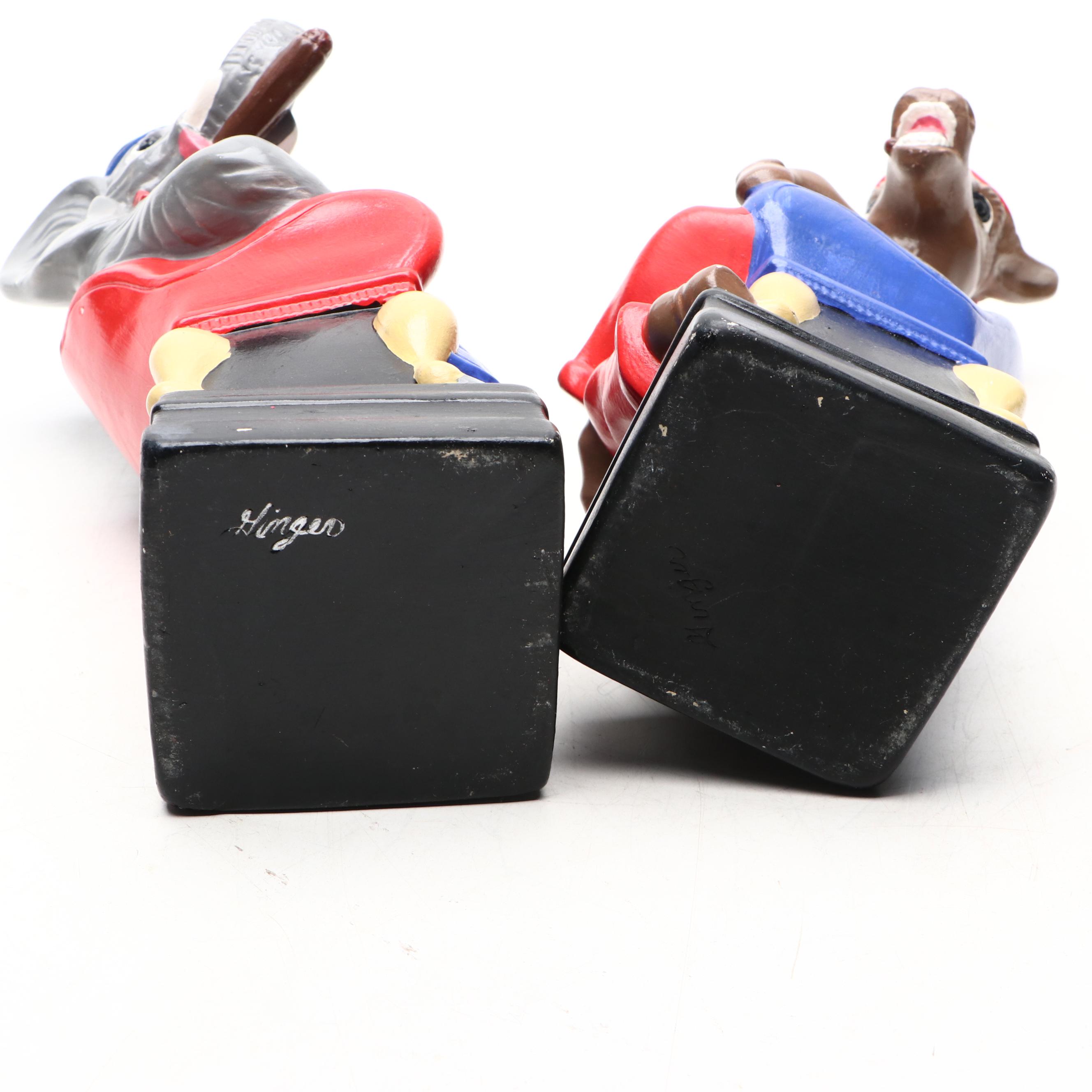 American Political Elephant and Donkey Mascot Figural Ceramic Decanters