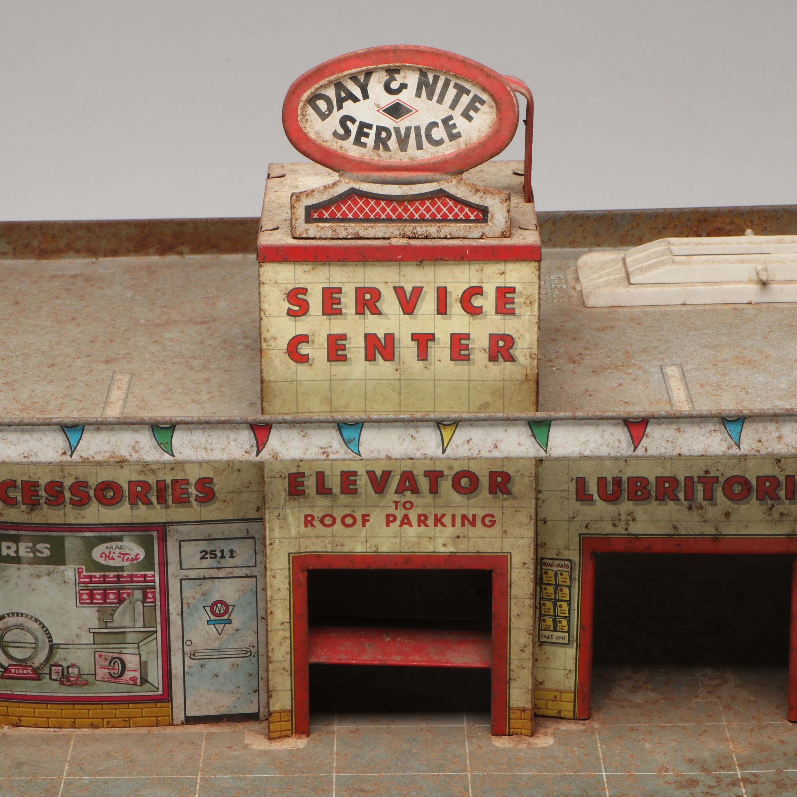 Marx "Day & Nite" Tin Litho Service Station Toy, Mid-20th Century