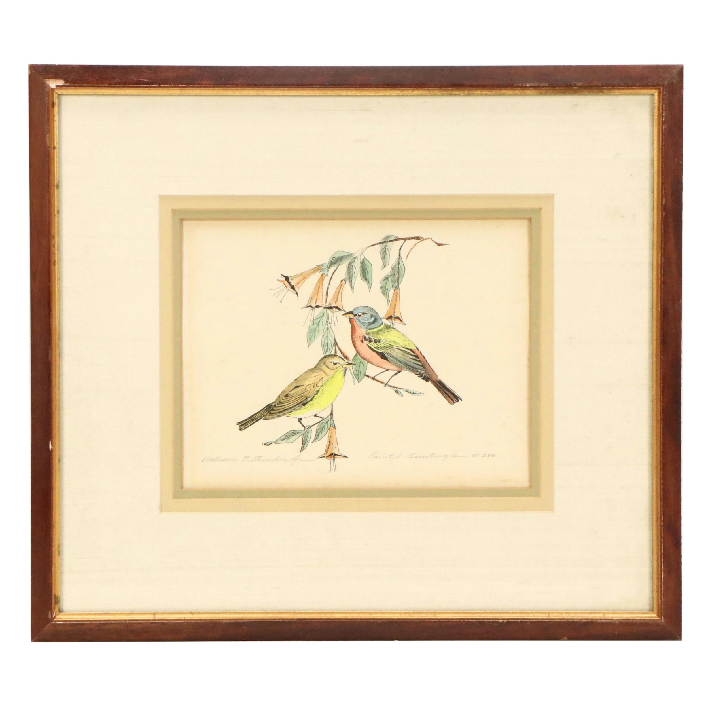 William E. Snowden, Jr. Colored Etching "Painted Buntings," 20th Century