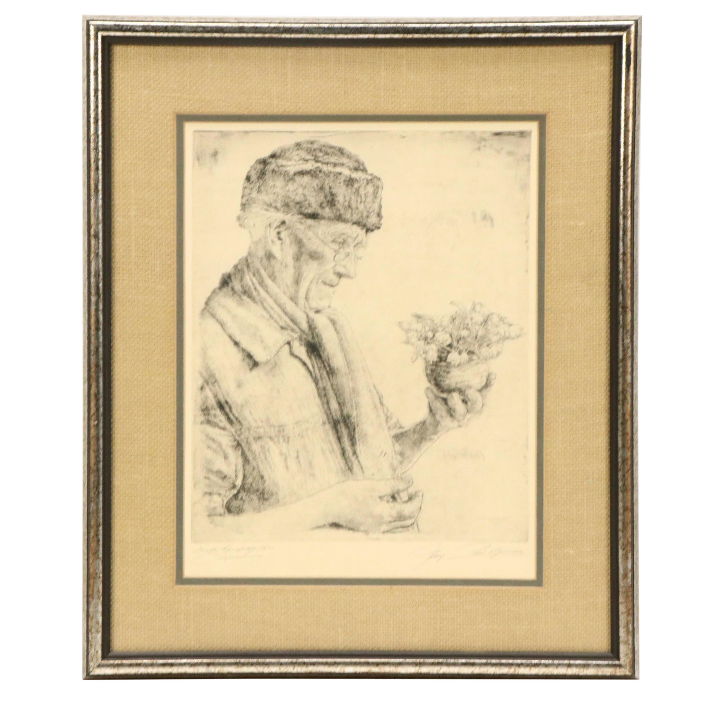 Paul Geissler Etching "The First Snowdrop," 1951