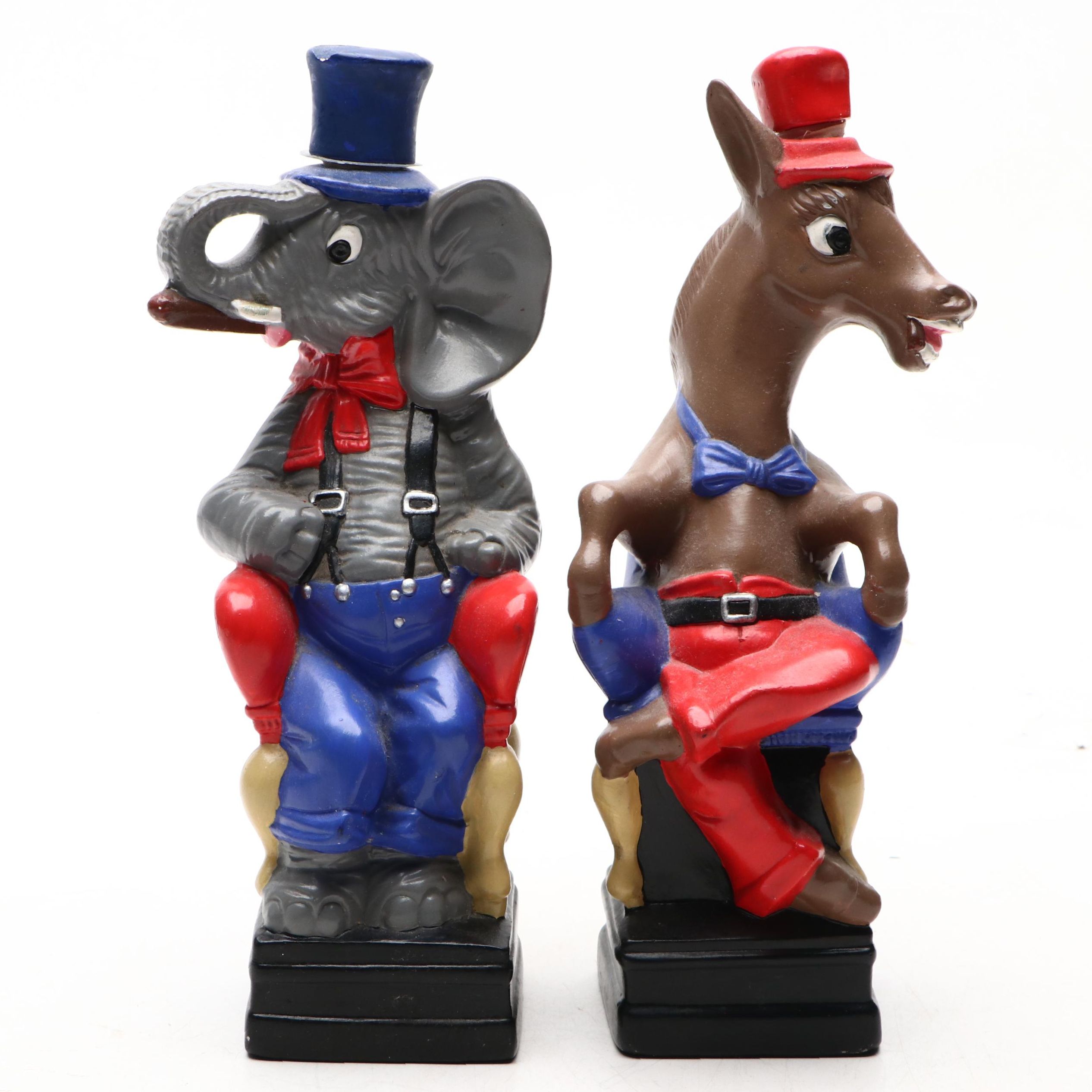 American Political Elephant and Donkey Mascot Figural Ceramic Decanters