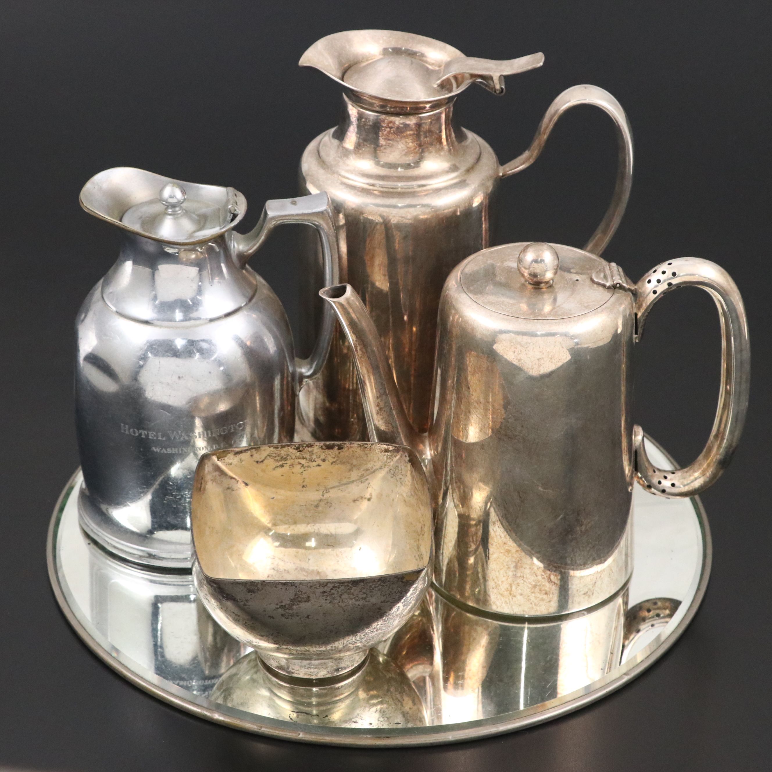 Stanley Hotel Washington Pitcher with Mirrored Tray and Silver Plate Serveware