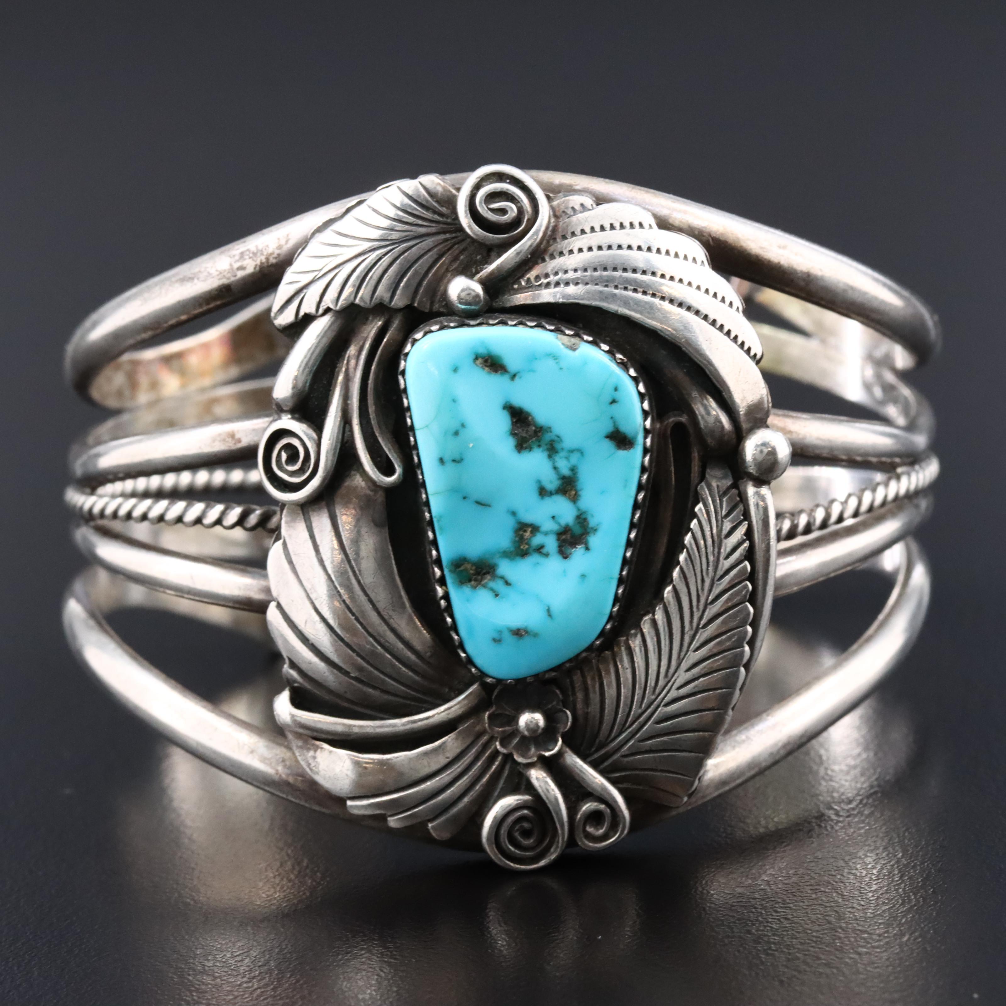 Southwestern Robert Kelly Sterling Turquoise Appliqué Cuff Bracelet
